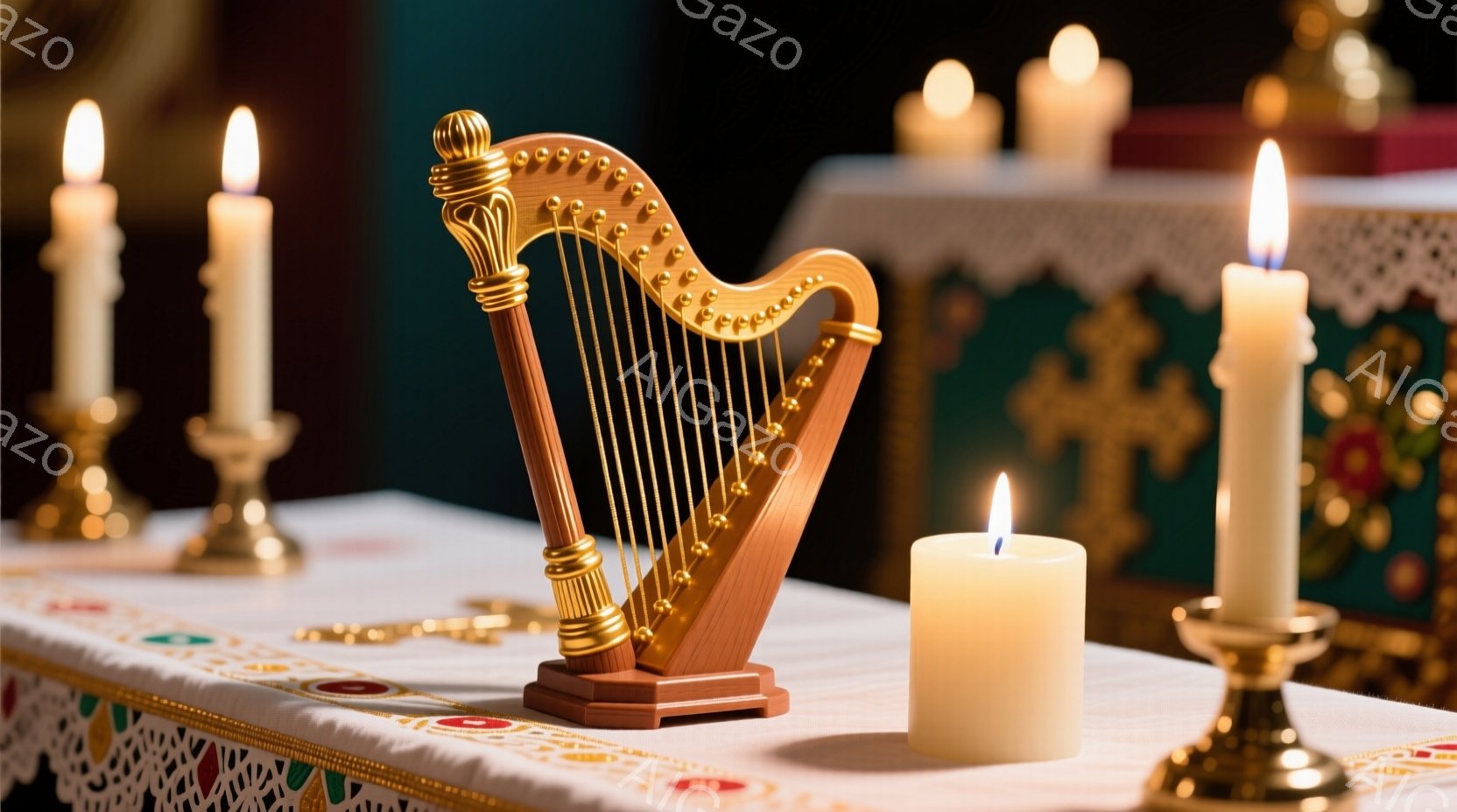 祭壇の布の上に、小さな金のハープが置かれています。周りには点灯した蝋燭がいくつかあり、暖かく神聖な雰囲気を醸し出しています。背景には複雑な模様の祭壇布が見え、宗教的な儀式が行われる場所であることが伺えます。