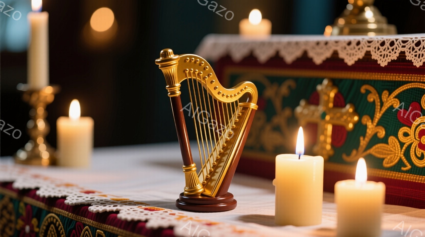 燃え盛る蝋燭に照らされた祭壇の上に、金色のハープが置かれている。祭壇は緑と赤の美しい刺繍が施された布で覆われ、白のレース編みが敷かれている。背景は暗く、神聖な雰囲気で満たされている。 - AI生成フリー素材