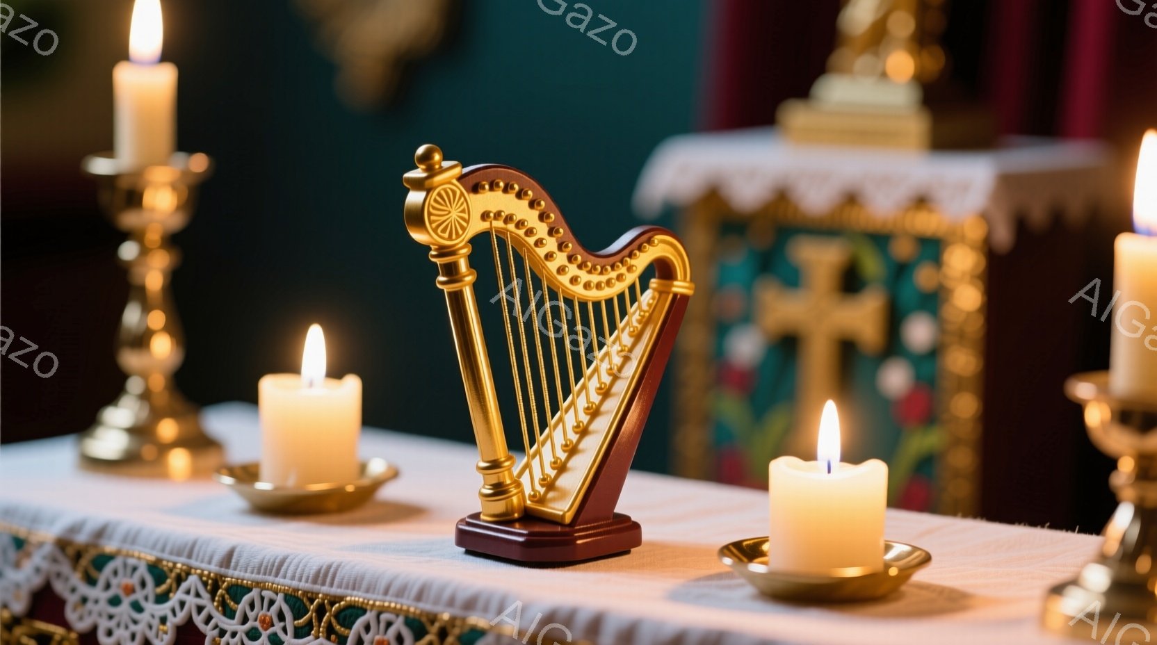鮮やかな緑色の背景に、白と金のレース模様のテーブルクロスが敷かれ、その上に小さな金のハープが置かれています。ハープの周りには、火が灯された白い蝋燭が3つ配置され、暖かく荘厳な雰囲気を醸し出しています。背景には、金色の刺繍が施された緑色のクッションが見え、宗教的な儀式や静謐な空間を連想させます。