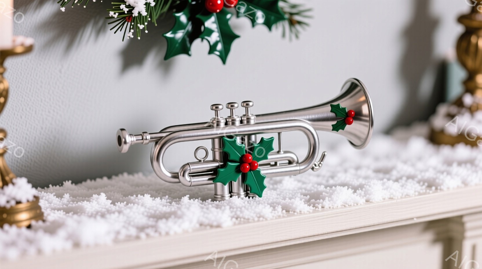 白い表面に銀色のトランペットが置かれており、クリスマスらしいホリーの葉と赤い実の飾り付けが施されています。背景には金色の装飾と、雪のように見える白い粉が散りばめられており、暖かくお祝いムードを醸し出し - AI生成フリー素材