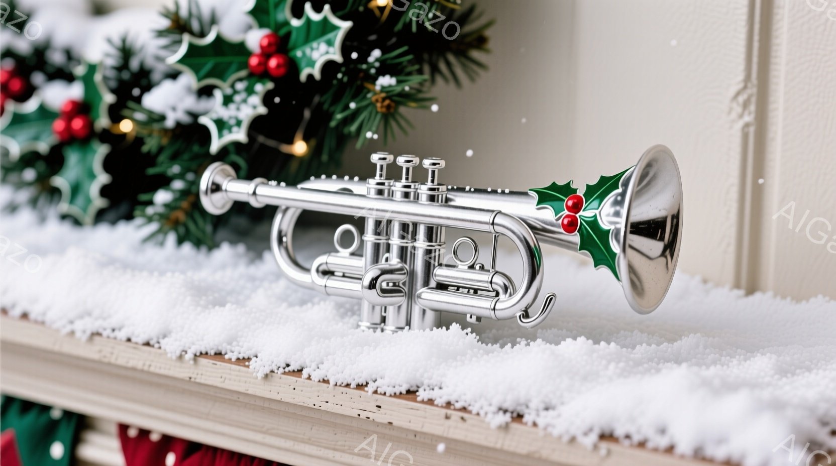 鮮やかなクリスマス装飾の中に銀色のトランペットが置かれています。トランペットには赤い実と緑の葉の装飾がついており、雪が積もった台の上に置かれています。背景には、クリスマスツリーの枝や赤い装飾が見え、冬 - AI生成フリー素材