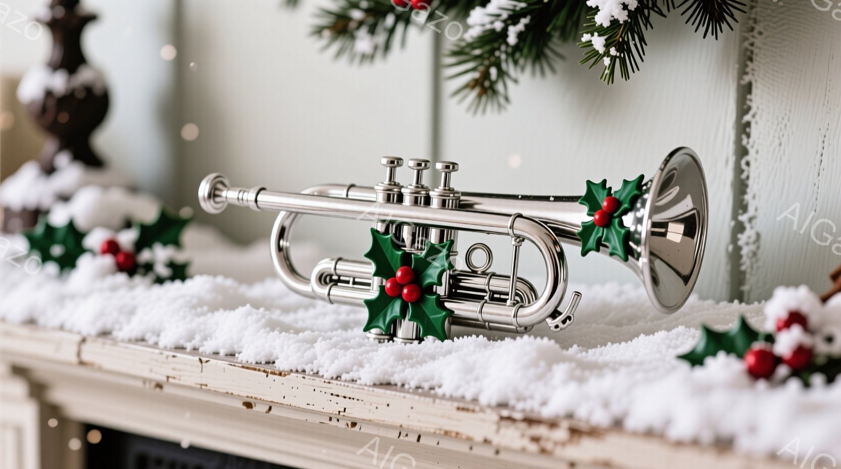 暖炉の上の白い棚に、銀色のトランペットが置かれています。トランペットには赤い実のついたホーリーの飾り付けが施されており、周囲には雪が降り積もっています。背景には緑色の葉っぱと赤い実の飾りがあり、全体的 - AI生成フリー素材