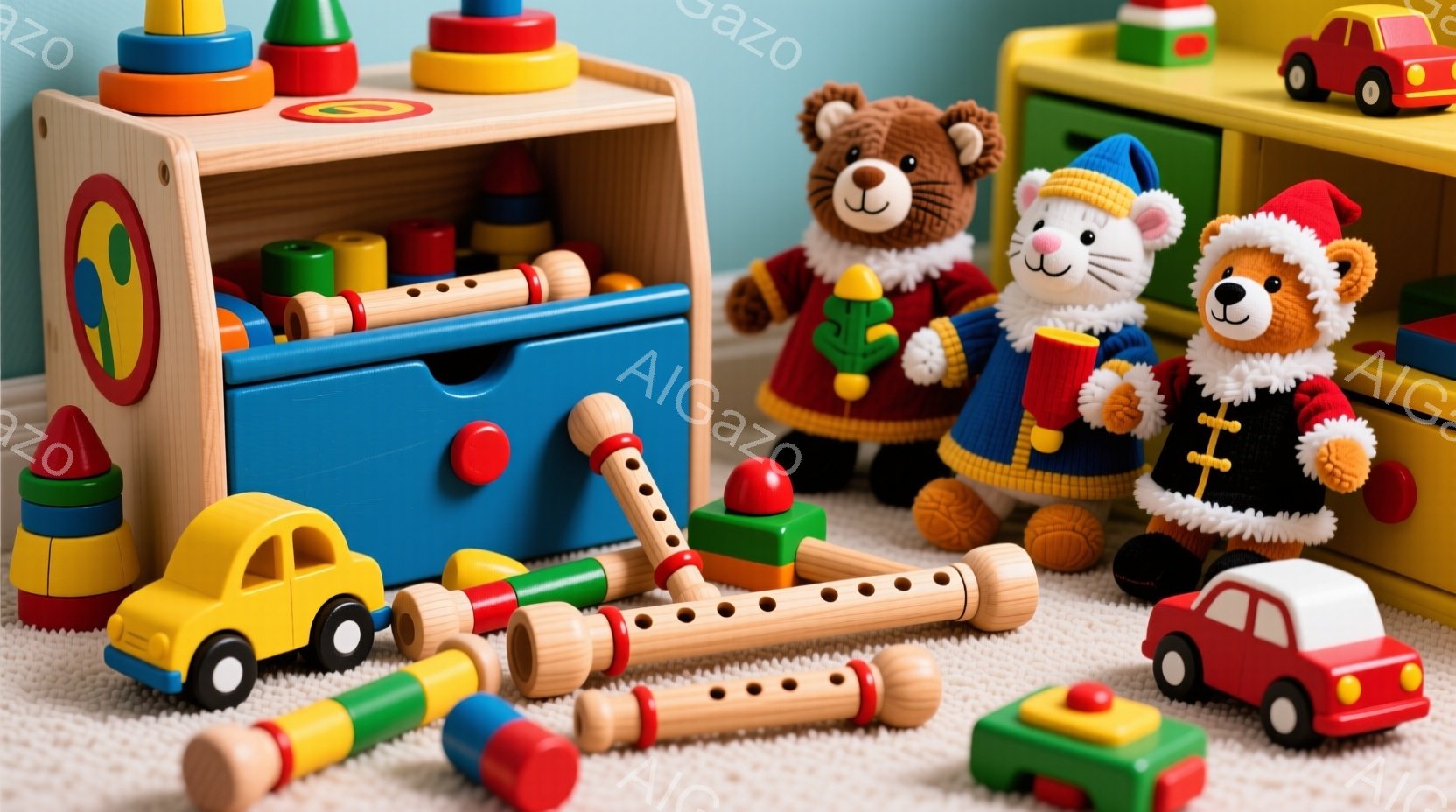 カラフルな木製のおもちゃが散らばった様子が写っています。赤いジャケットを着たクマと、青い帽子を着た猫のぬいぐるみが並んでおり、クリスマスの装飾が施された衣装を着ています。背景には木製の収納ボックスや他 - AI生成フリー素材
