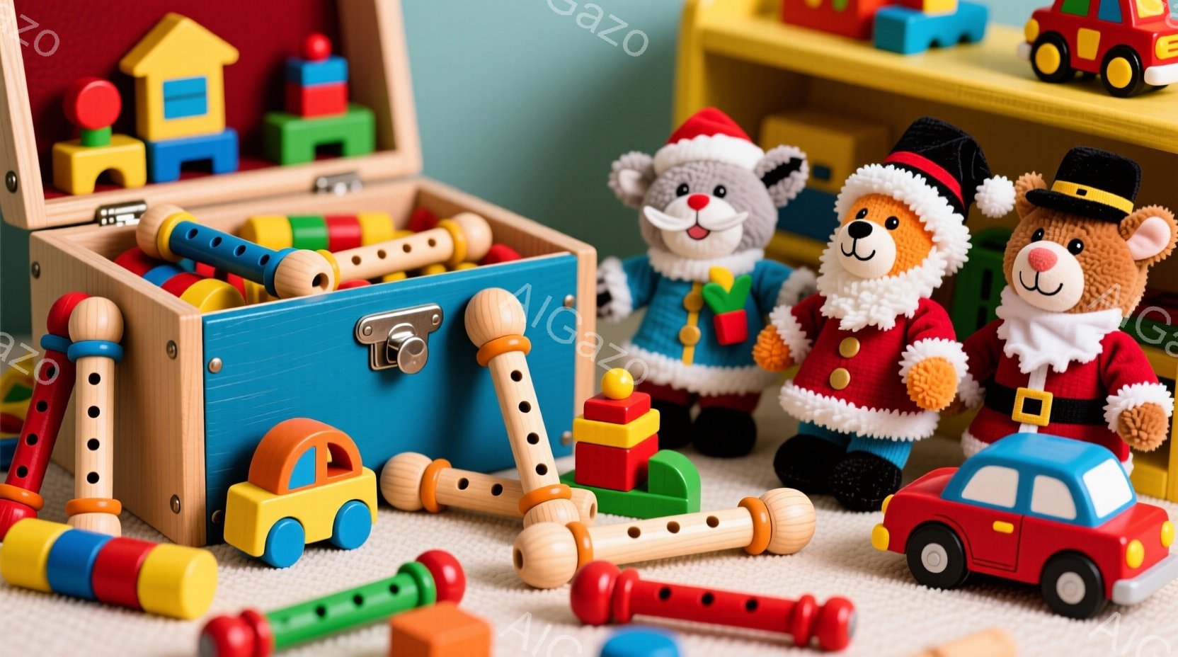 カラフルな積み木と車のおもちゃが散らばる中に、サンタクロースと熊のぬいぐるみが立っています。サンタクロースは赤い衣装を着ており、熊は帽子をかぶり、どちらも可愛らしい表情をしています。おもちゃ箱から積み - AI生成フリー素材