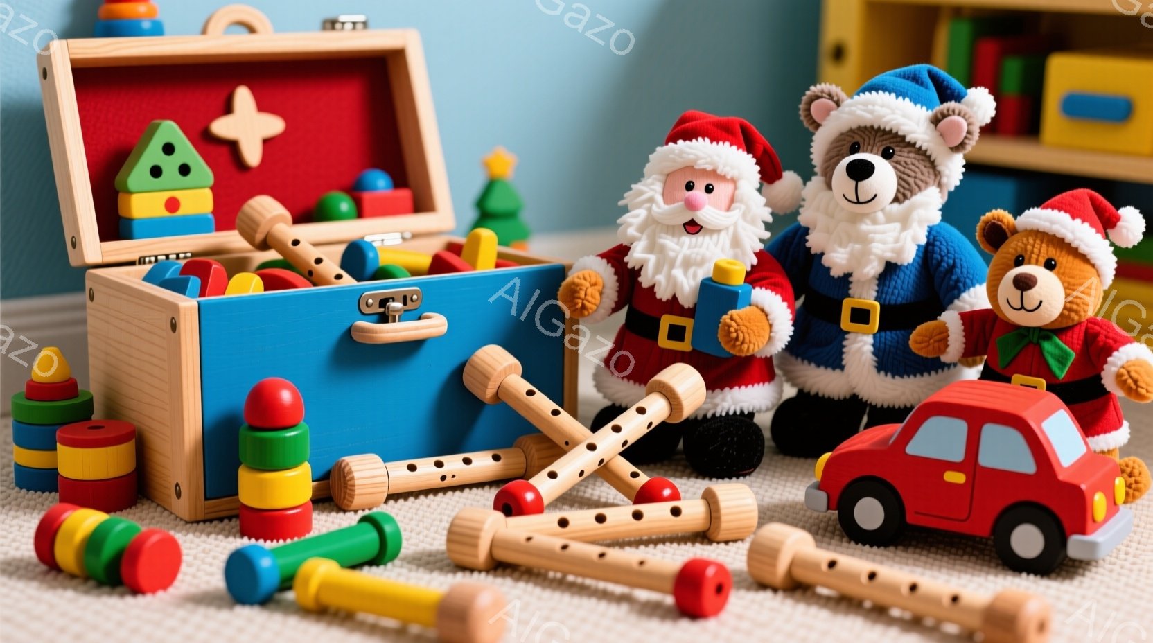 カラフルな積み木と木製の棒が散らばる中で、サンタクロースのぬいぐるみとテディベアのぬいぐるみが並んでいる。サンタクロースは赤い衣装を着て微笑んでおり、テディベアは青いジャケットを着て可愛らしい表情をし - AI生成フリー素材