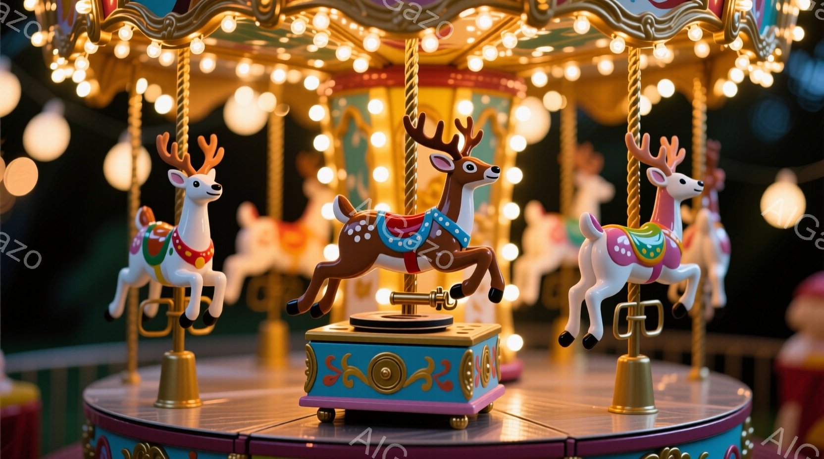 鮮やかなメリーゴーランドの馬の乗り物が写っており、茶色と白の模様のシカが中心に配置されている。背景にはぼんやりとした光の輪があり、全体的に暖かく幻想的な雰囲気を醸し出している。乗り物は金色のポールに取 - AI生成フリー素材