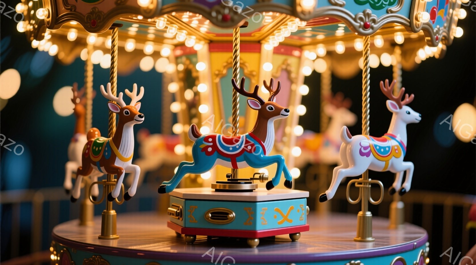鮮やかな色彩のメリーゴーランドの一部が写っている。青い背景に、装飾された馬の形をした乗り物が３頭並び、金色のポールに支えられている。暖色の照明が灯り、遊園地や祭りのような楽しげな雰囲気を醸し出している。