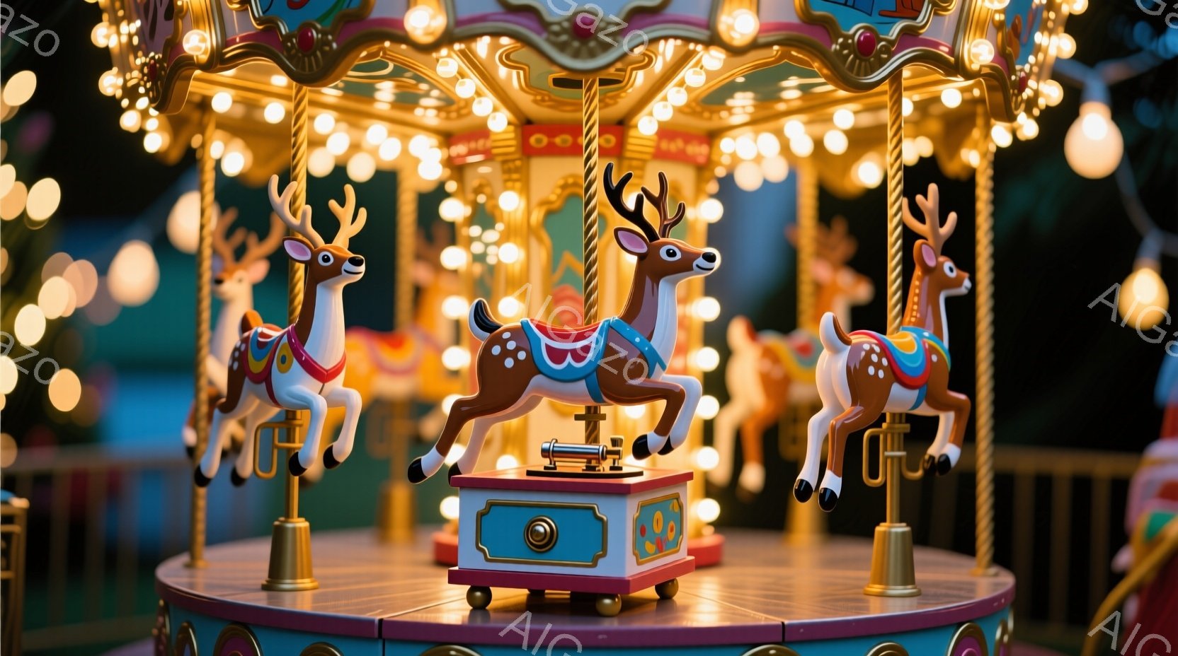美しいメリーゴーラウンドのアップで、茶色の動物（おそらく鹿）が乗り物に乗っています。乗り物はカラフルな装飾が施されており、中央には操作パネルが設置されています。背景はぼやけており、暖かい色の照明が幻想的な雰囲気を醸し出しています。