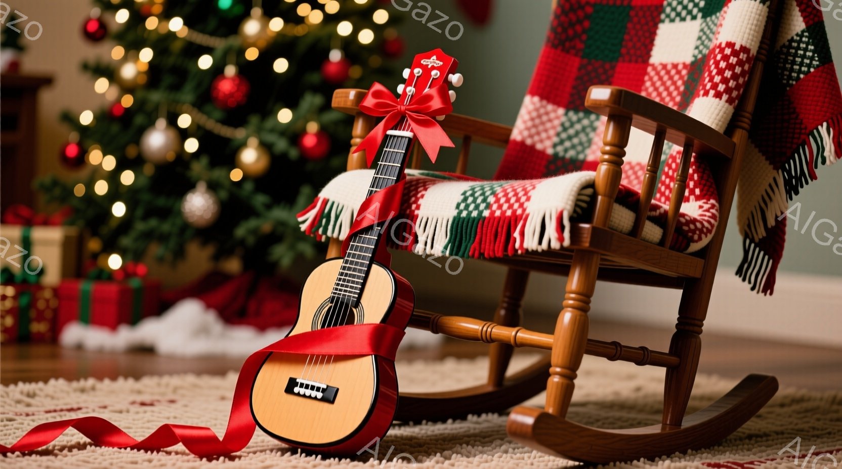 暖炉のそばにあるロッキングチェアに、赤いリボンで飾られたウクレレが置かれています。背景には、クリスマスツリーとプレゼントが散らばっており、暖かく、お祝いの雰囲気が漂っています。ロッキングチェアには、赤と白のチェック柄のブランケットがかかっており、リラックスできる空間を演出しています。