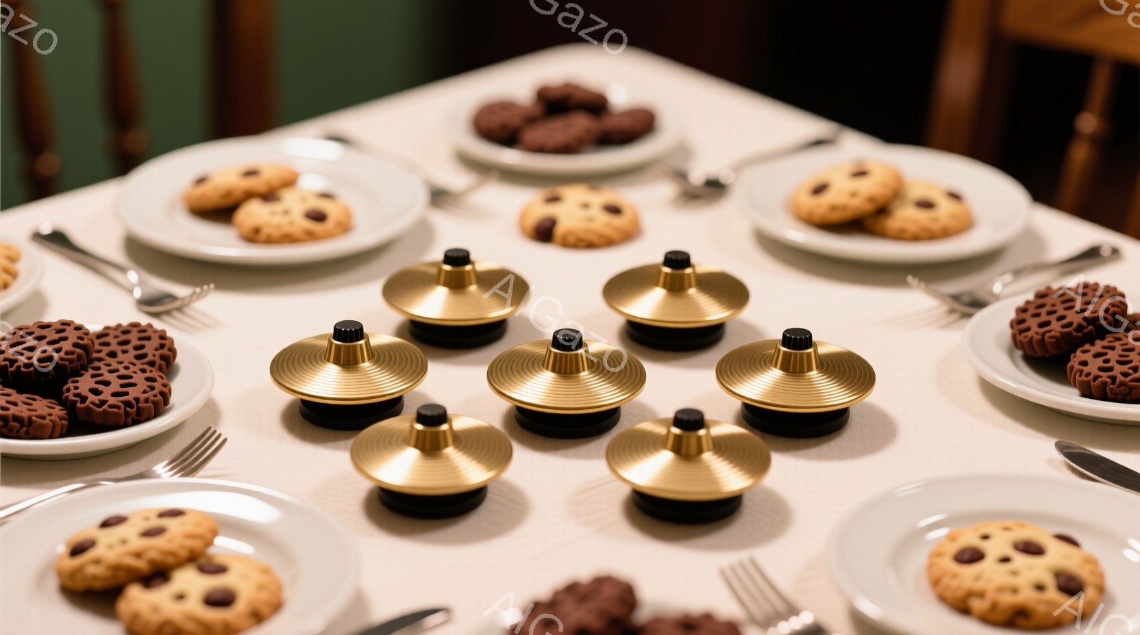 白いテーブルクロスが敷かれたテーブルの上に、クッキーが盛られた皿と、金色の蓋と黒い台座を持つ小さなオブジェが配置されています。クッキーはチョコレートチップクッキーと、何か模様が刻まれた茶色のクッキーが - AI生成フリー素材