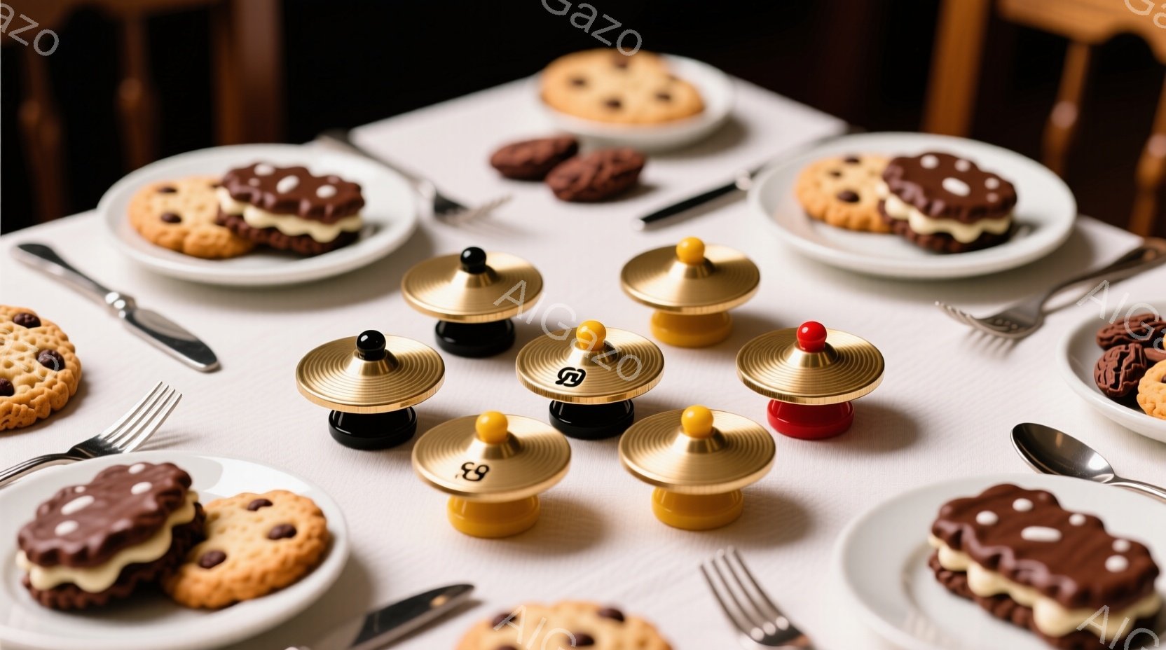 白いテーブルクロスの上に、チョコレートとクリームで覆われたクッキーや、金色の台座に設置された小さな金色の楽器（おそらくカスタネット）が配置されています。クッキーはさまざまなデザインで、フォークやスプー - AI生成フリー素材