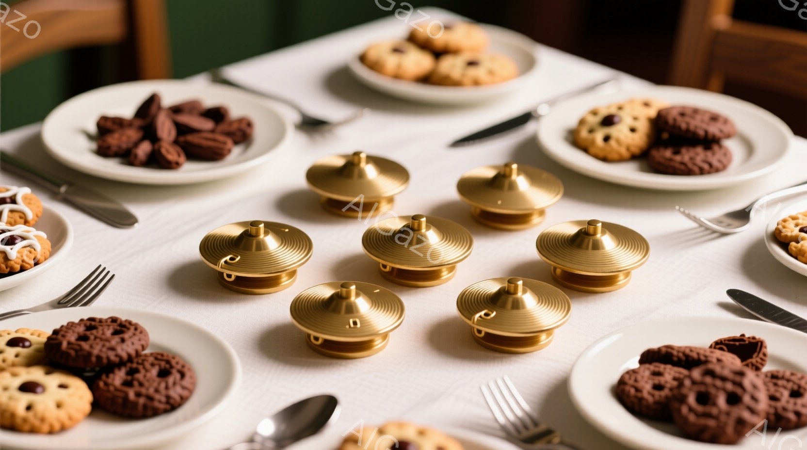 白いテーブルクロスの上に、様々なクッキーが乗ったお皿と、金色の小さな蓋のついた器が配置されています。クッキーはチョコレートやキャラメルなど、色々な種類があり、食欲をそそります。全体的に暖色系の色合いで - AI生成フリー素材
