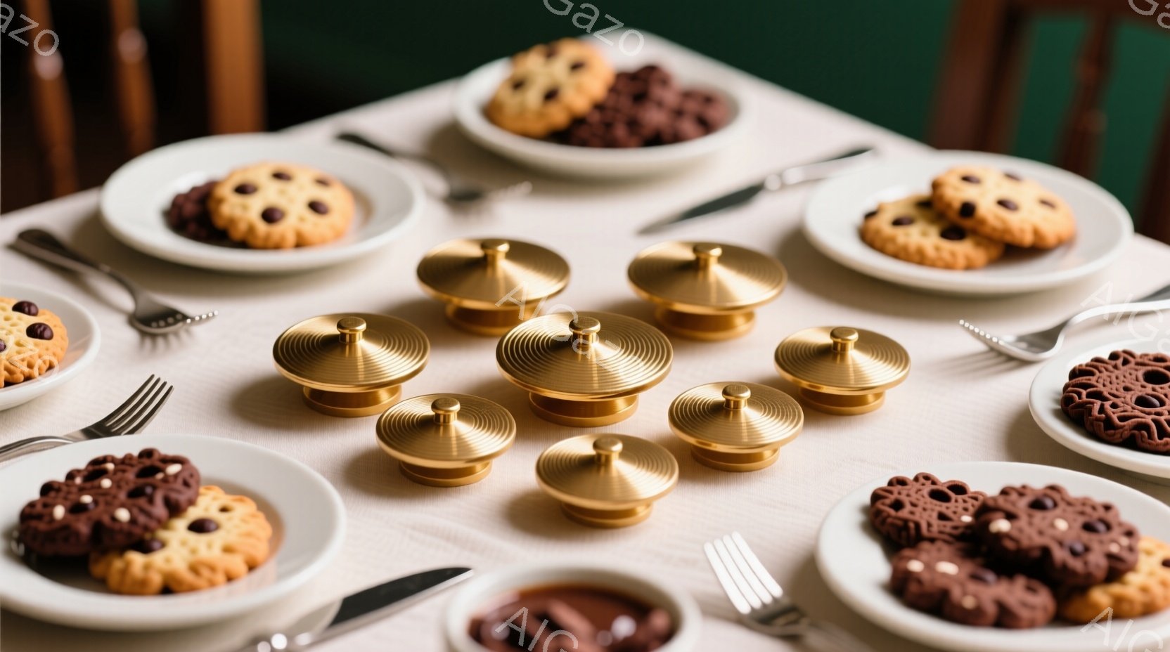 白いテーブルクロスの上に、様々なクッキーが盛られた皿と、金色の蓋付きの小さな容器が配置されています。クッキーはチョコレートチップやピーナッツバターなど、様々な種類があり、皿ごとに異なった模様が楽しめます。明るい光の下、甘くて温かい雰囲気が漂う、静物画のような構図です。
