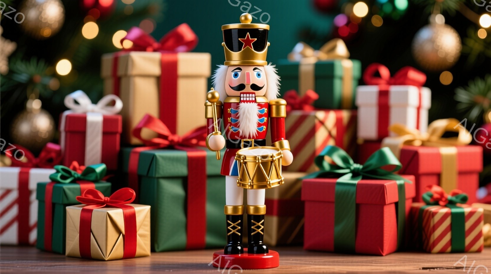 木製の兵隊人形がプレゼントの山の中に立っている。人形は赤いジャケット、黒いズボン、白いブーツを着ており、頭には飾りのついた帽子をかぶっている。背景には、緑と赤のリボンで飾られた様々な大きさのギフトボッ - AI生成フリー素材