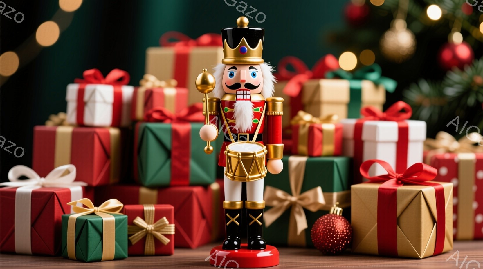 鮮やかな赤い制服を着た木製の人形が、プレゼントの山の上に立っている。金色の装飾と白いブーツが特徴で、真剣な表情で太鼓を叩くポーズをとっている。背景には、リボンで飾られた様々な色のギフトボックスや、クリスマスツリーの緑の葉が見え、お祝いの雰囲気が漂っている。