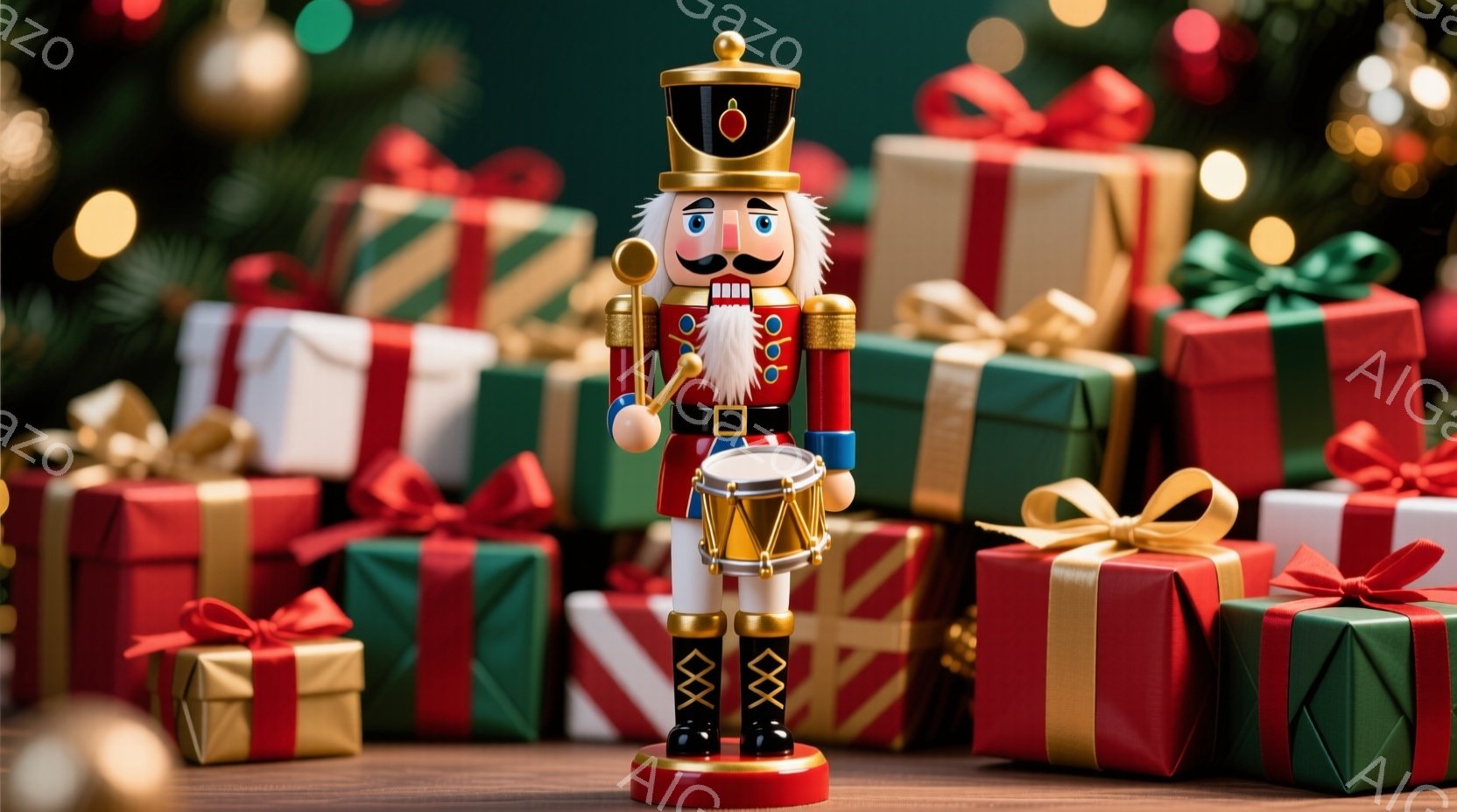 木製の床の上に置かれた兵隊の置物と、様々な色のギフトボックスが写っています。兵隊の置物は赤いジャケット、黒いブーツ、白いズボンを身につけ、顎髭を生やしており、真剣な表情で太鼓を叩いています。背景にはクリスマスツリーの緑の葉と、ぼやけた金色の光があり、温かくお祝いの雰囲気を醸し出しています。
