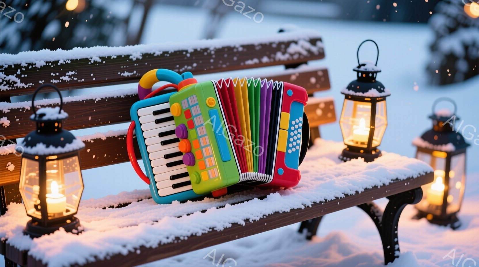 雪が降り積もったベンチの上に、カラフルな子供用の楽器、アコーディオンが置かれています。周囲には灯りが灯ったランタンが並び、冬の静寂な夜を照らしています。雪景色と暖かい光が組み合わさり、幻想的で温かい雰 - AI生成フリー素材