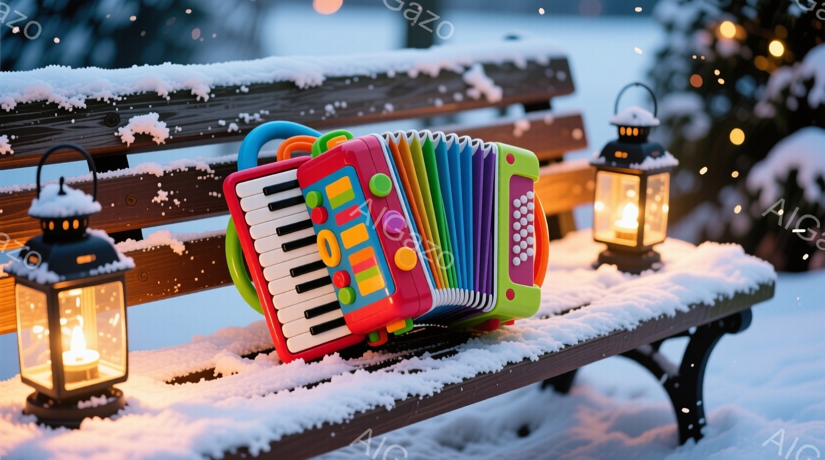 雪が降り積もったベンチに、カラフルな子供用のアコーディオンが置かれています。ベンチの左右には、灯りが灯ったランタンが置かれ、ぼんやりとした光が雪景色を照らしています。背景には、ぼやけた光の点々があり、 - AI生成フリー素材