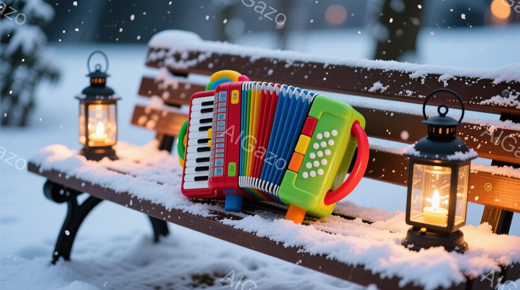雪が降る中で、木製のベンチに子供用のカラフルなアコーディオンが置かれています。ベンチの両脇には灯りがともったランタンが置かれ、雪が降り積もって幻想的な冬の風景を作り出しています。背景はぼやけていますが - AI生成フリー素材