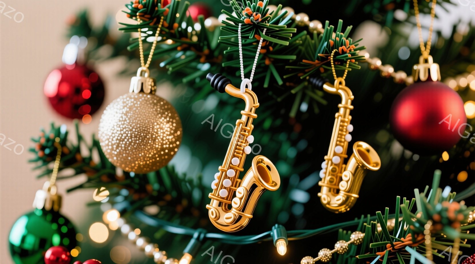 クリスマスツリーの枝に、金色のサックスのオーナメントと赤いボール、そしてキラキラ光るオーナメントが飾られています。緑の葉と光のイルミネーションが暖かく、お祝いの雰囲気を醸し出しています。全体的に華やか - AI生成フリー素材