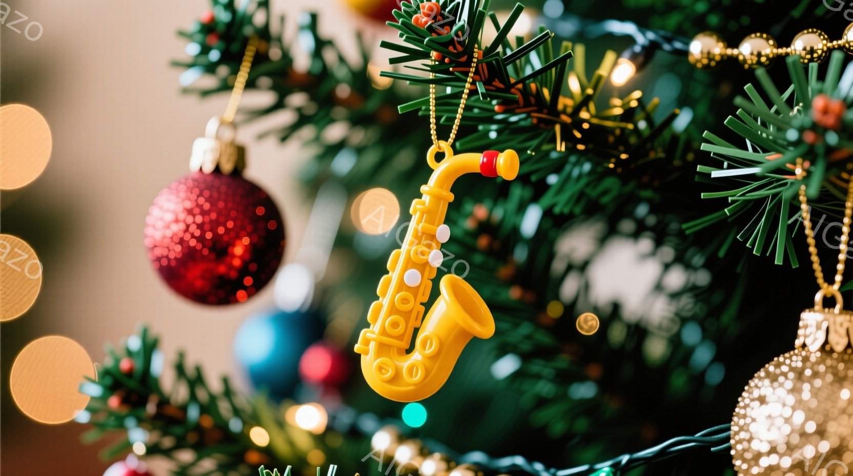 クリスマスツリーの枝に、黄色いサックスのオーナメントが吊るされています。背景には、赤色のオーナメントやキラキラ光る飾り、そして緑豊かなツリーの葉が見え、暖かい光が点在しています。全体的に、お祭り気分を盛り上げる、華やかで楽しい雰囲気が漂っています。