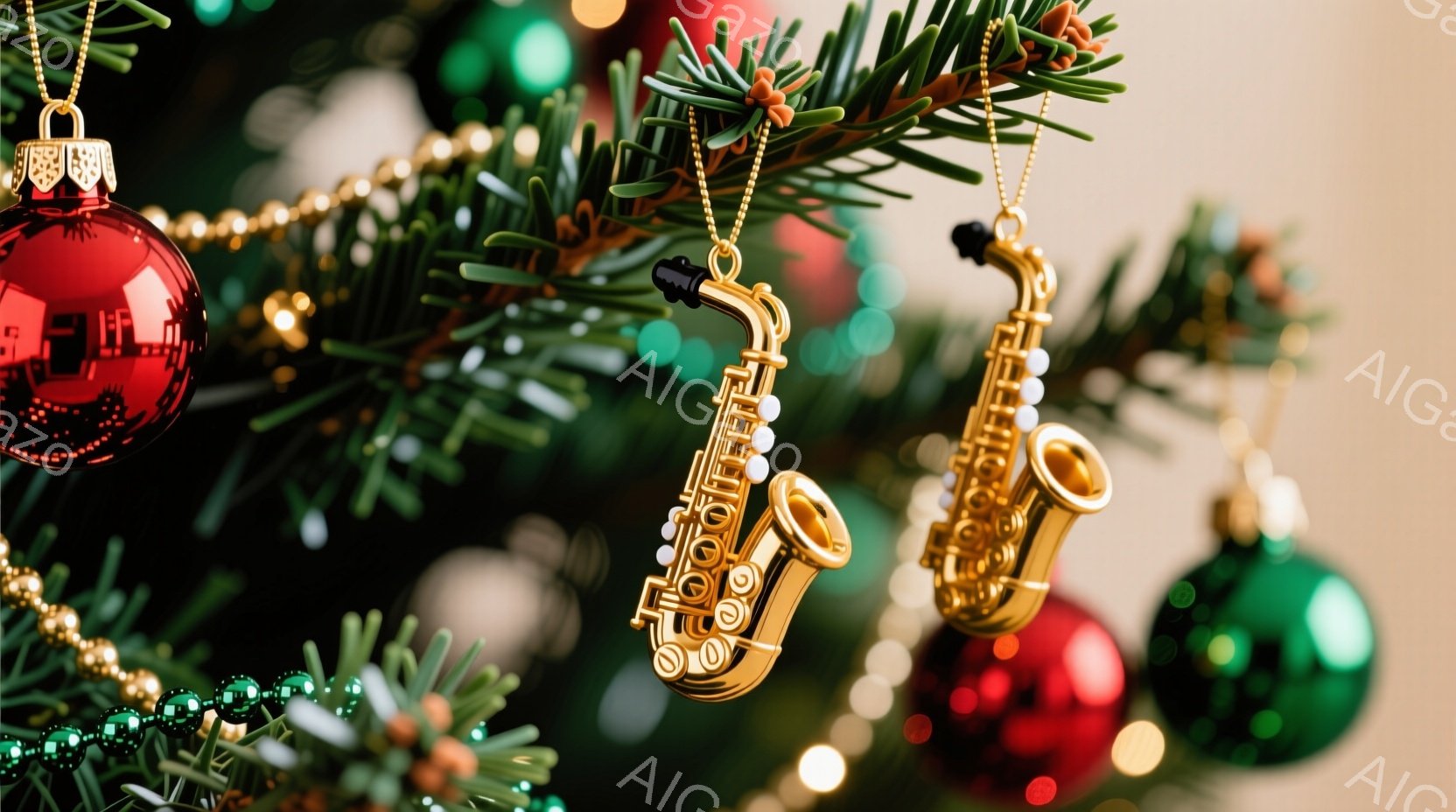 クリスマスツリーの枝に、金色のサックスのオーナメントと赤いクリスマスボールが飾られています。背景は緑の葉っぱで覆われ、他の装飾もわずかに見え、お祝いの雰囲気を醸し出しています。全体的に、華やかで温かいクリスマスの雰囲気が伝わってきます。