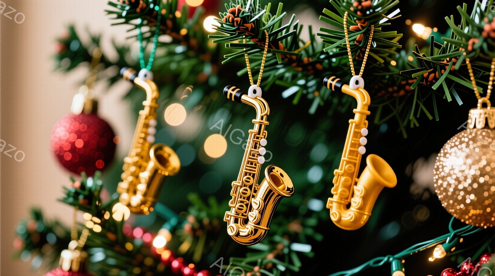 クリスマスツリーが飾られており、金色のサックスのオーナメントがいくつかぶら下がっています。赤いオーナメントやキラキラ光る飾りも点在し、背景はぼかして暖かく、お祝いの雰囲気を醸し出しています。全体的に、華やかで心地よいクリスマスの光景です。