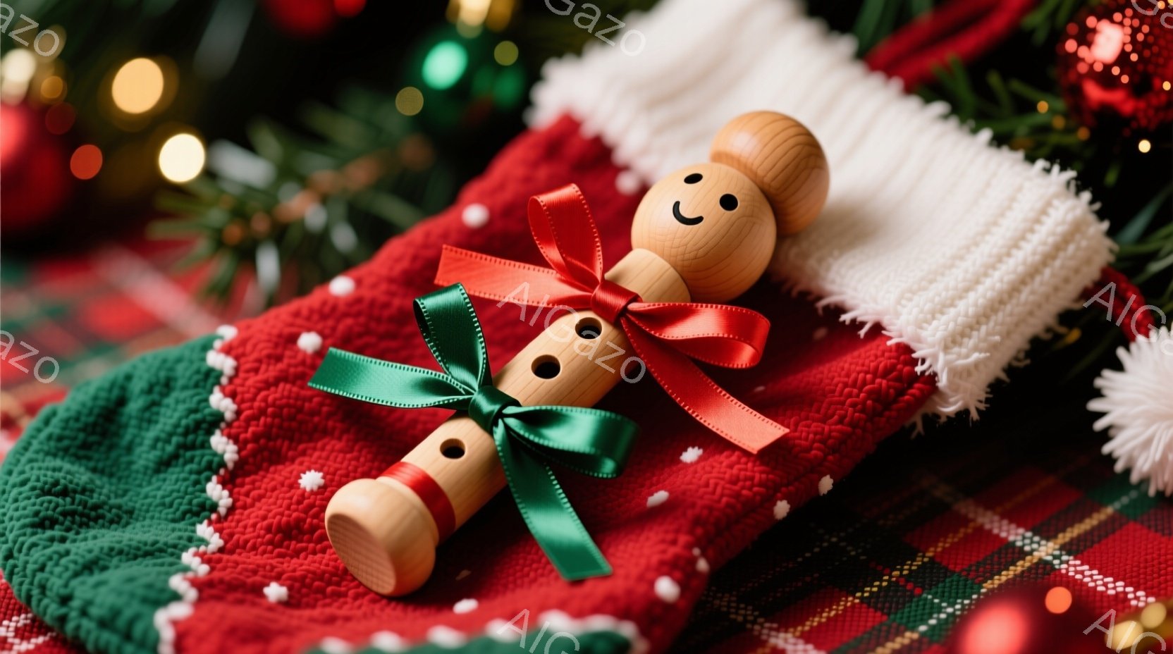 赤と緑のチェック柄のニット素材の上に、可愛らしい木製のオカリナが置かれています。オカリナには赤いリボンと緑のリボンが結ばれており、温かみのある表情が施されています。背景にはクリスマスの装飾がぼやけて見 - AI生成フリー素材