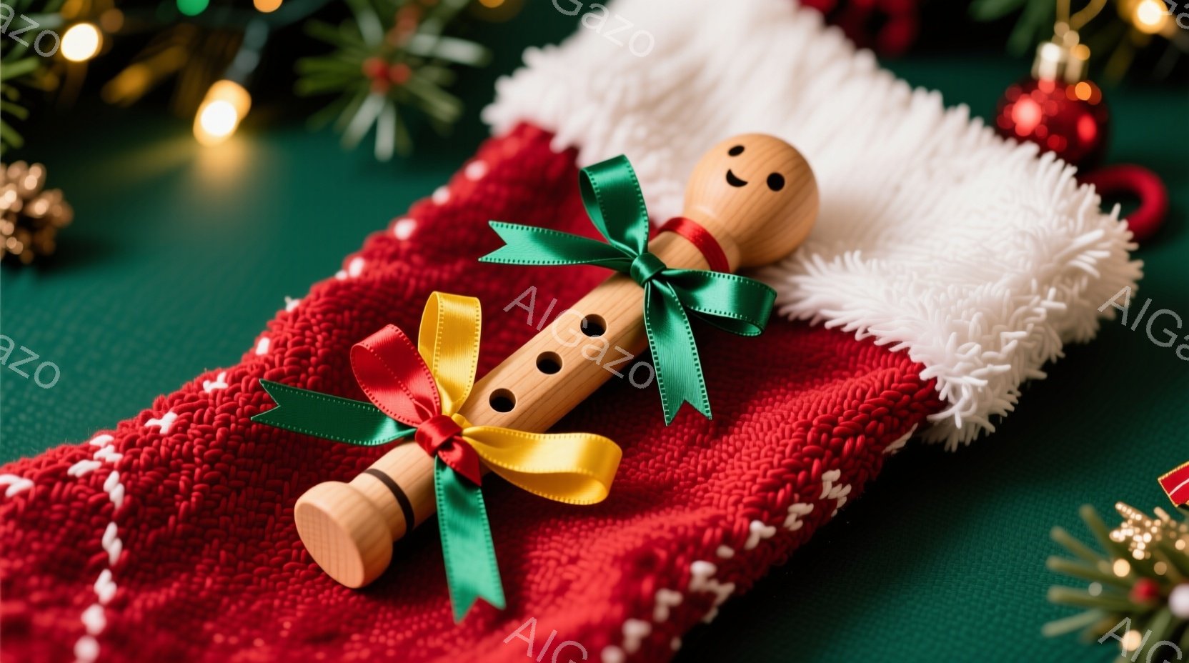 赤い編み物のクリスマスストッキングが画面に大きく写っており、その中に可愛らしい人形が顔を出しています。人形は木製の笛のような形をしており、緑と金のリボンで飾られています。背景は緑色で、ぼやけたクリスマ - AI生成フリー素材
