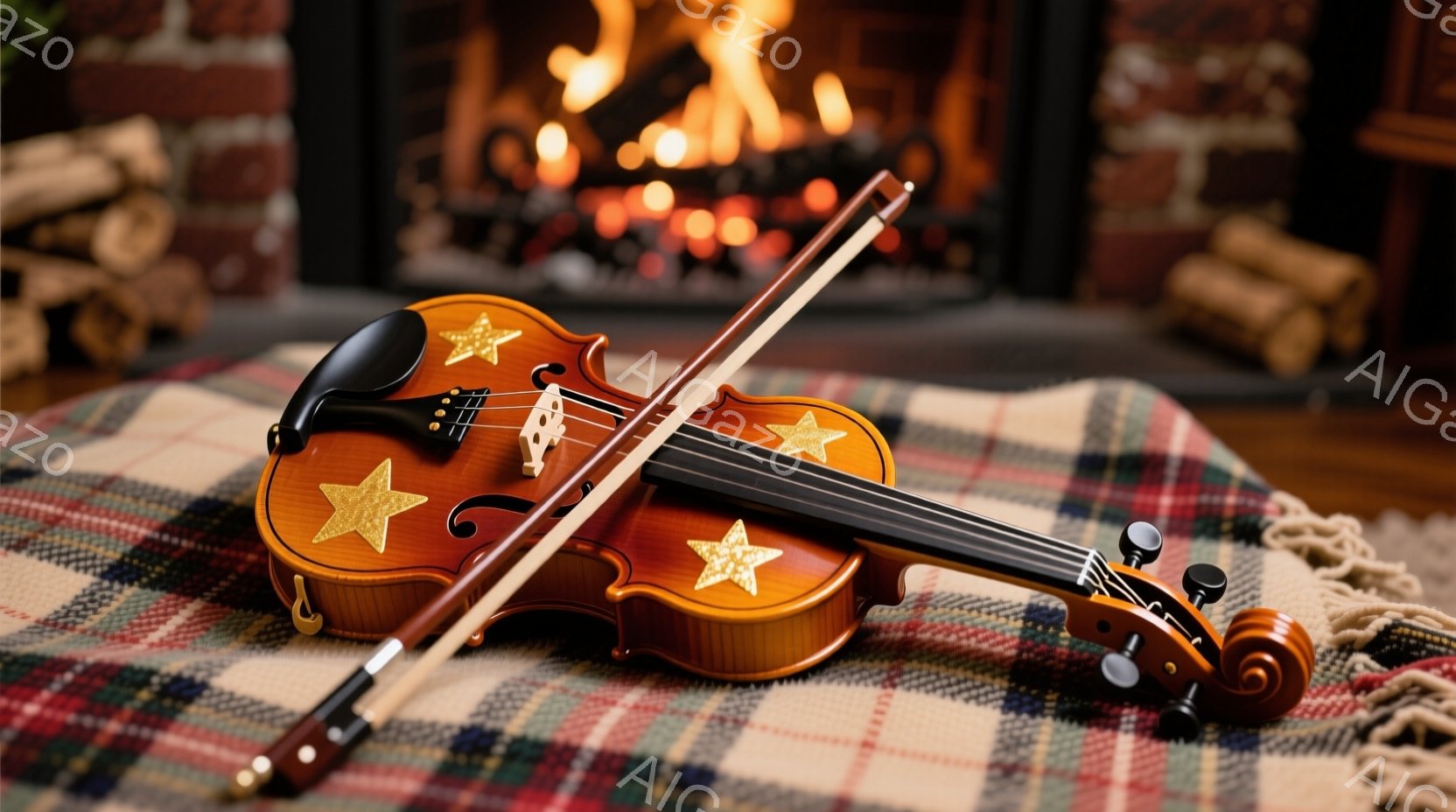 鮮やかなオレンジ色のバイオリンが、チェック柄の毛布の上に置かれています。バイオリンには金色の星のデコレーションが施されており、弓も一緒に置かれています。背景には暖炉があり、燃え盛る炎が温かく、居心地の - AI生成フリー素材