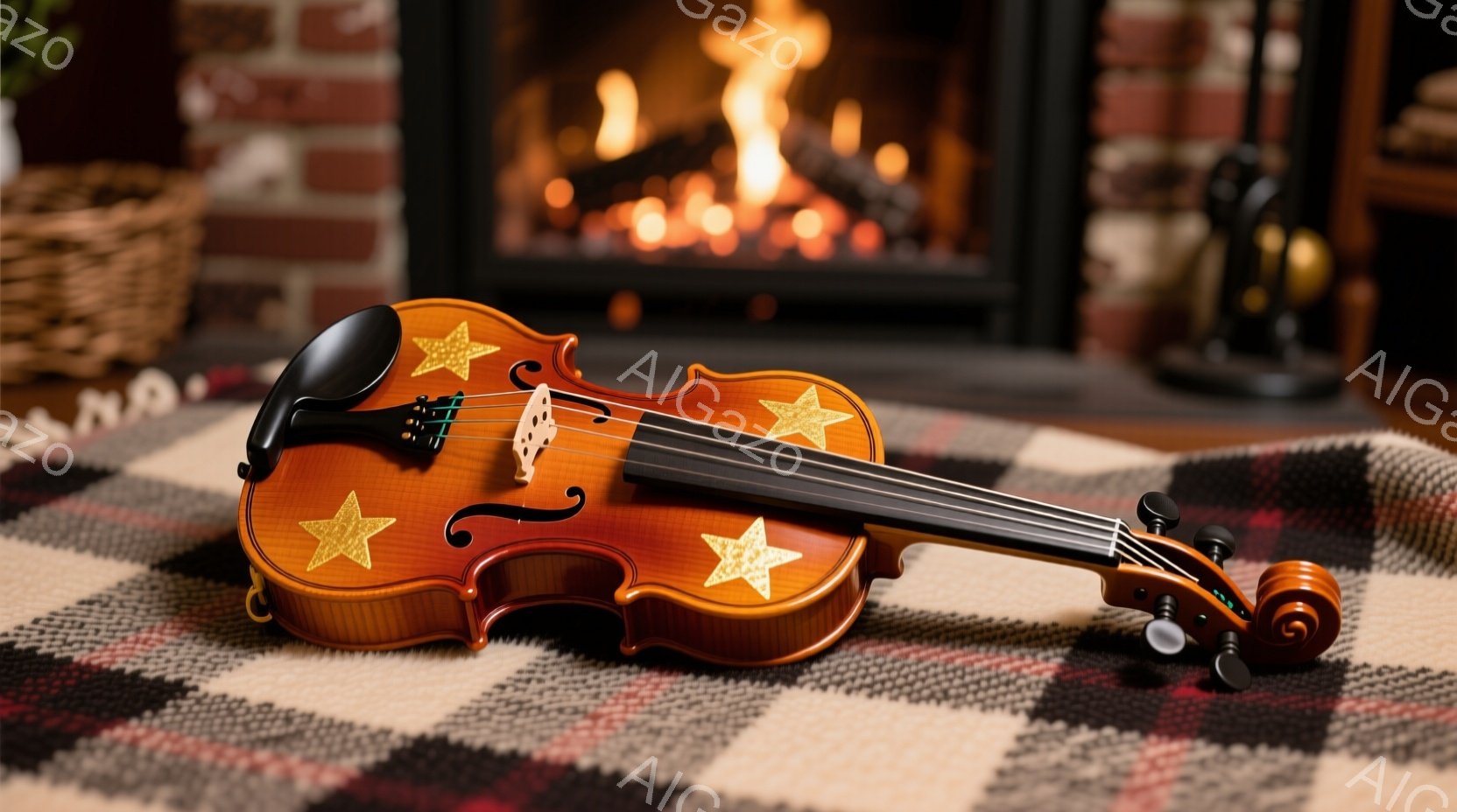 暖炉のそばに、星形のシールが貼られたバイオリンが置かれています。バイオリンはチェック柄の布の上に横たわっており、暖炉のオレンジ色の炎が暖かく照らしています。背景には籐のバスケットと暖炉の煙突が見え、落ち着いた温かい雰囲気を醸し出しています。