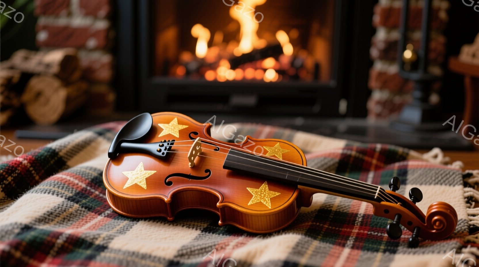 暖かい色合いのチェック柄のブランケットの上にバイオリンが置かれています。バイオリンの表面には星形の装飾が施され、背景には暖炉の炎と薪がぼんやりと見えます。全体的に温かく、居心地の良い雰囲気で、音楽と休息のひとときを連想させます。