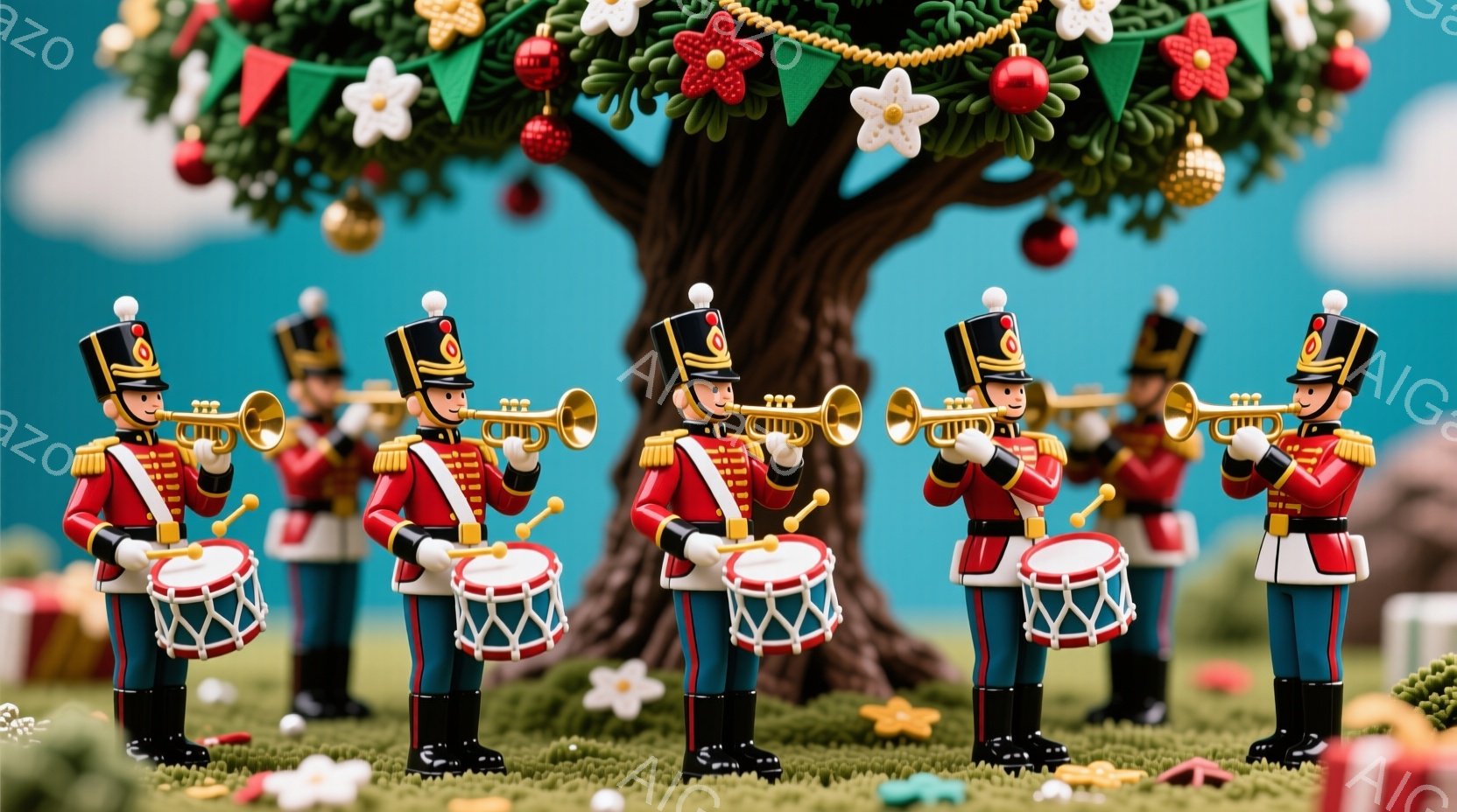 兵隊のおもちゃが整列して描かれています。彼らは赤い軍服と黒いブーツを身につけ、トランペットやドラムを演奏しています。背景には緑の芝生と装飾されたクリスマスツリーがあり、お祝いの雰囲気を醸し出しています - AI生成フリー素材