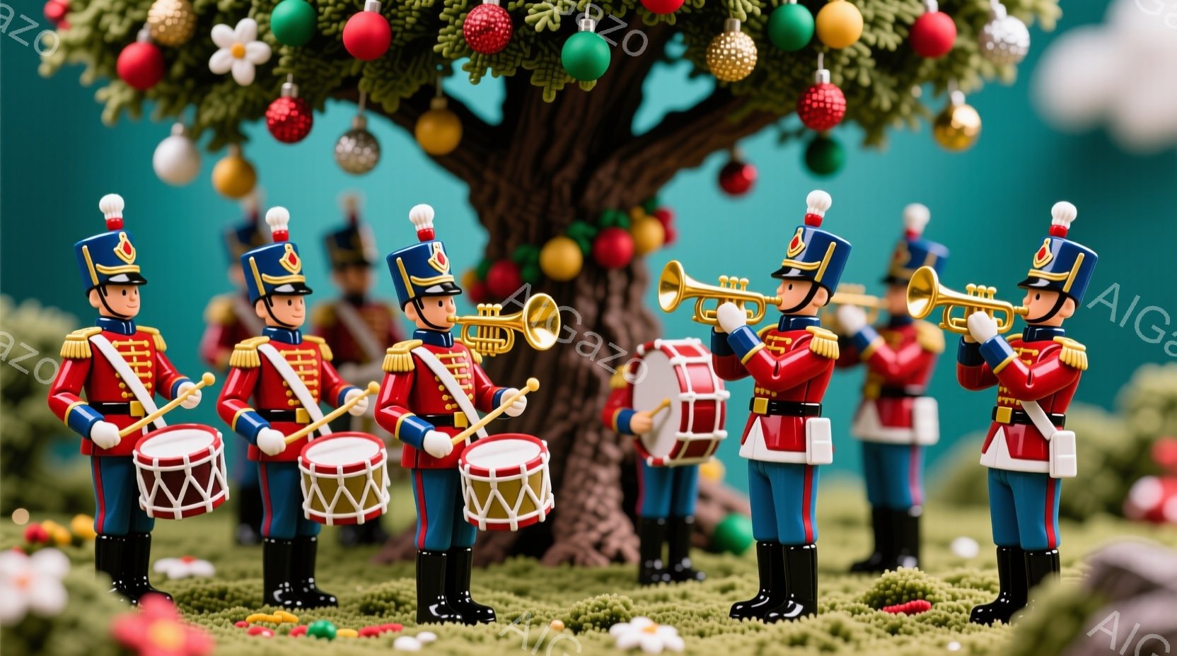 兵隊のミニチュア人形たちが整列し、トランペットやドラムを演奏している様子が描かれています。彼らは赤いジャケットに黒いズボン、そして特徴的な帽子を着用し、真剣な表情で楽器を手に持っています。背景にはクリ - AI生成フリー素材
