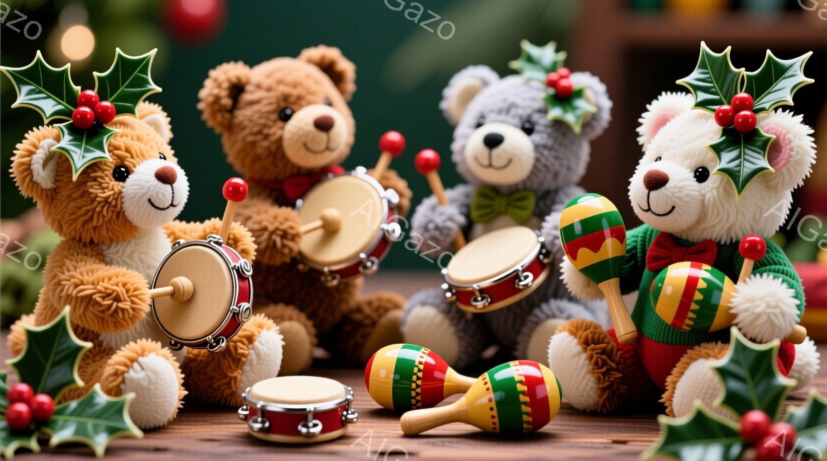 暖炉のような木製の背景に、4匹のテディベアが楽器を演奏して座っています。それぞれ異なる色の服を着ており、茶色、灰色、クリーム色のクマが、マラカスやタンバリンを演奏しています。背景にはホーリーの葉が飾ら - AI生成フリー素材