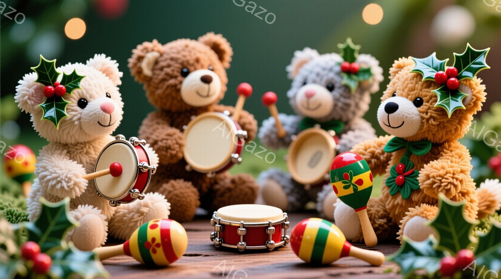 温かい色調のテディベアたちが、クリスマスを祝うかのように楽器を演奏しています。 それぞれが赤いリボンと常緑樹の飾りを身につけ、楽しげな表情でマラカスやドラムを演奏しています。 背景は木製のテーブルとぼ - AI生成フリー素材