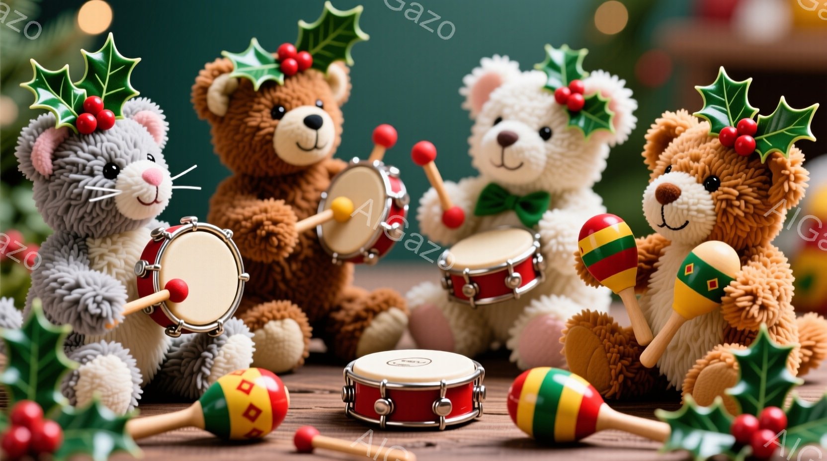 暖炉のような木製のテーブルの上に、クリスマスの飾りをつけたテディベアたちが楽器を演奏しています。灰色のベアはタンバリン、茶色のベアはドラム、他の2匹はマラカスを持ち、それぞれ活発な表情で演奏を楽しんで - AI生成フリー素材