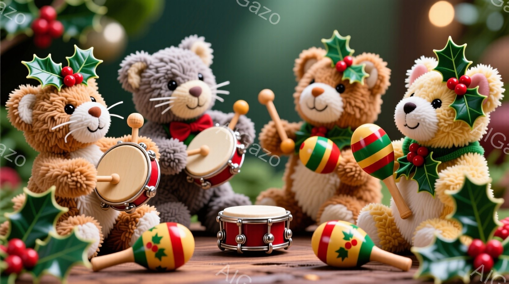 クリスマスの装飾で飾られたテーブルの上のテディベアたちが描かれています。テディベアはそれぞれクリスマスカラーの服を着ており、ドラムやマラカスなどの楽器を演奏しています。背景には、赤色の実がついた葉っぱ - AI生成フリー素材