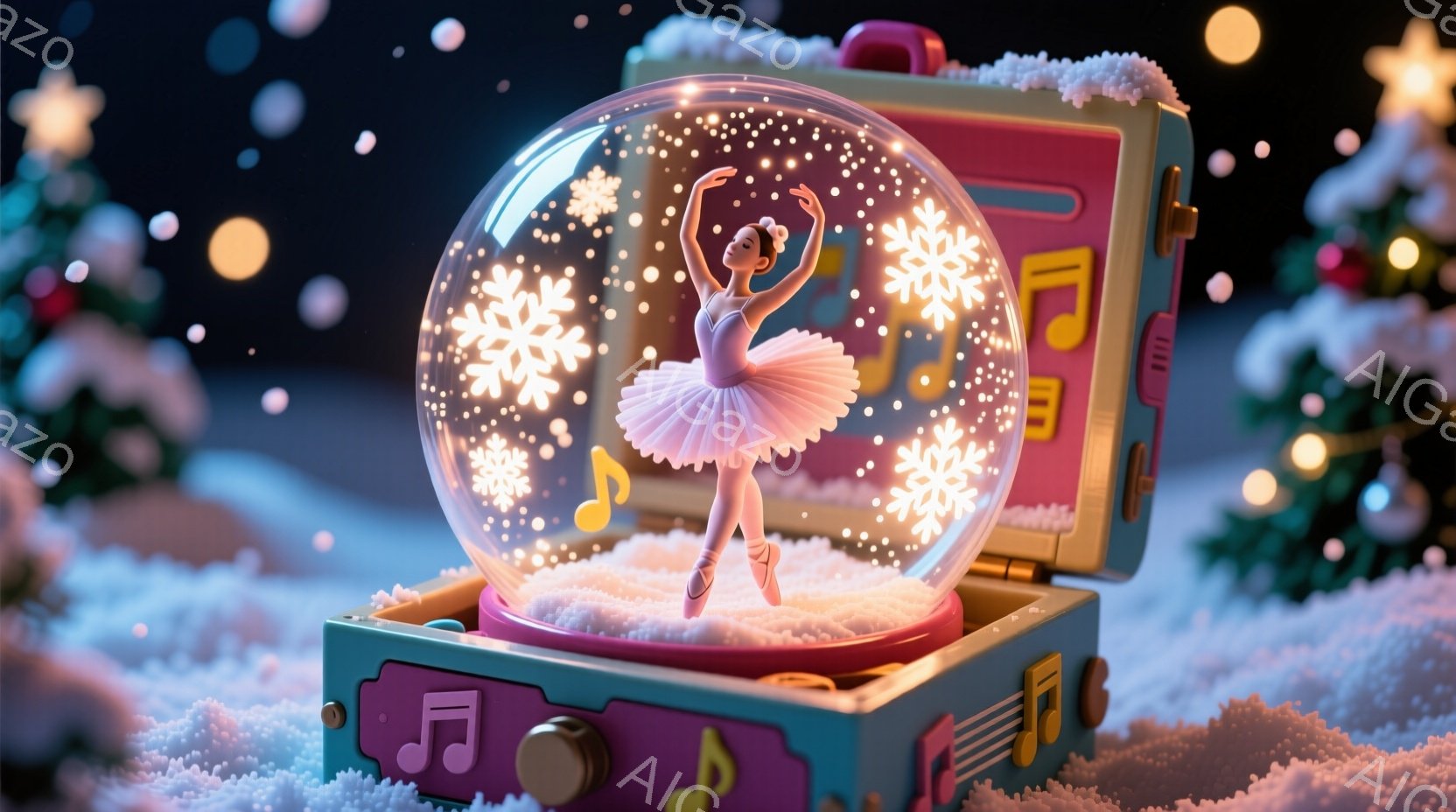 スノードームの中にいるバレリーナは、ピンク色のチュールスカートと白いレオタードを身に着け、優雅なポーズで踊っています。背景には雪が舞い散り、雪玉のような装飾と音楽記号が散りばめられた、カラフルな箱型の - AI生成フリー素材