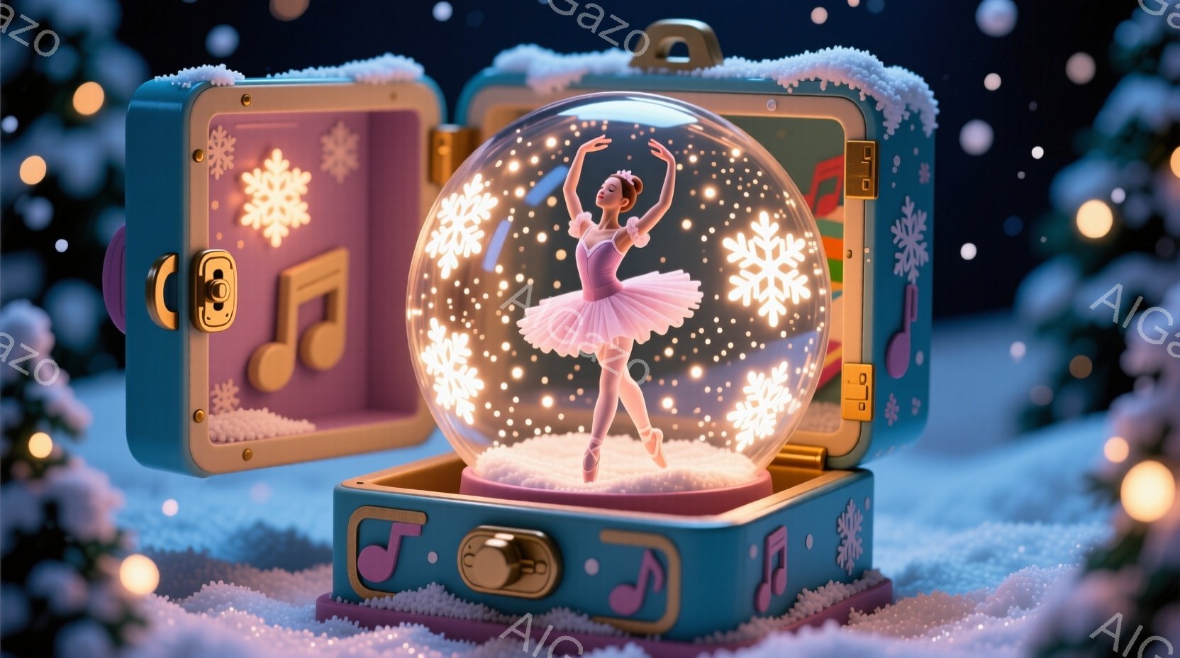 バレリーナが雪の結晶が舞うスノーグローブの中で優雅にポーズをとっています。彼女はピンクのチュールスカートと白いレオタードを着ており、髪はきっちりとまとめられています。スノーグローブは、音楽記号が装飾さ - AI生成フリー素材