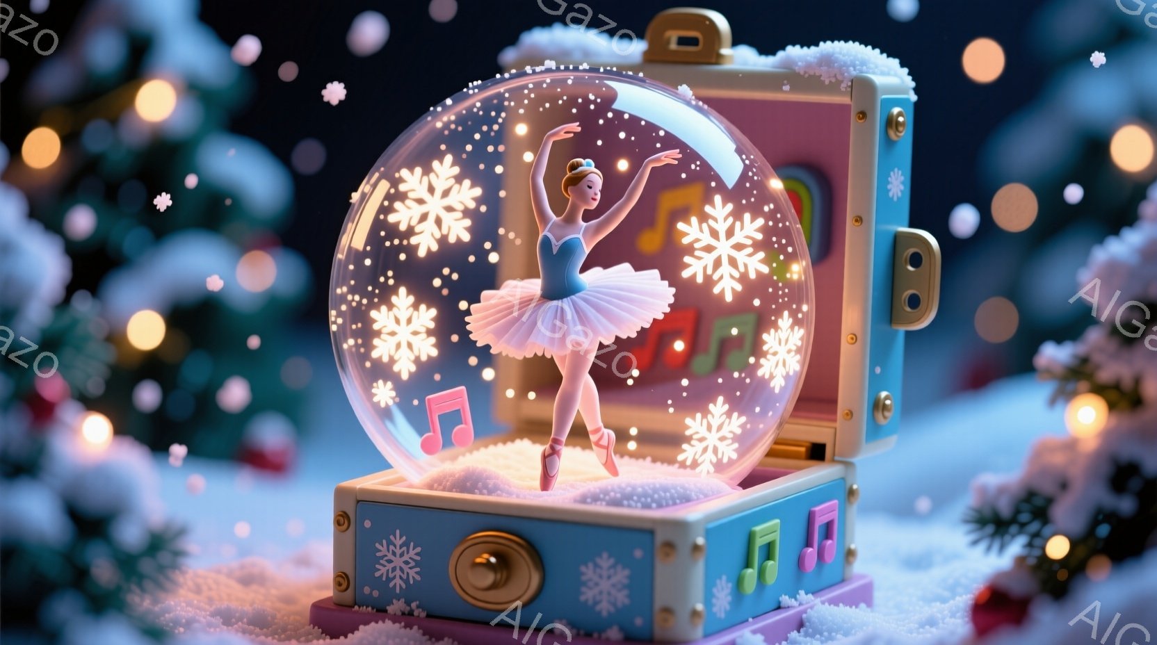 雪が降る夜を思わせる、青い宝石箱のような箱の中に、バレリーナが優雅に踊っています。彼女は白いチュールスカートと、頭を高く結んだ髪、そして微笑みを浮かべています。箱の外には雪が積もり、背景にはぼやけた緑 - AI生成フリー素材