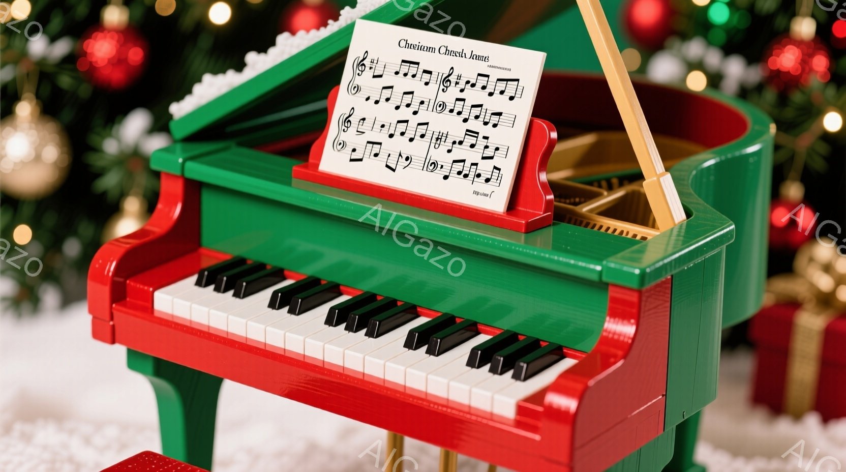 鮮やかな赤いボディと緑色の脚を持つミニチュアのピアノが、白い雪の上に置かれています。楽譜スタンドには「Cheermn Cheermn」と書かれた楽譜が載っており、クリスマスのオーナメントや装飾で背景が - AI生成フリー素材