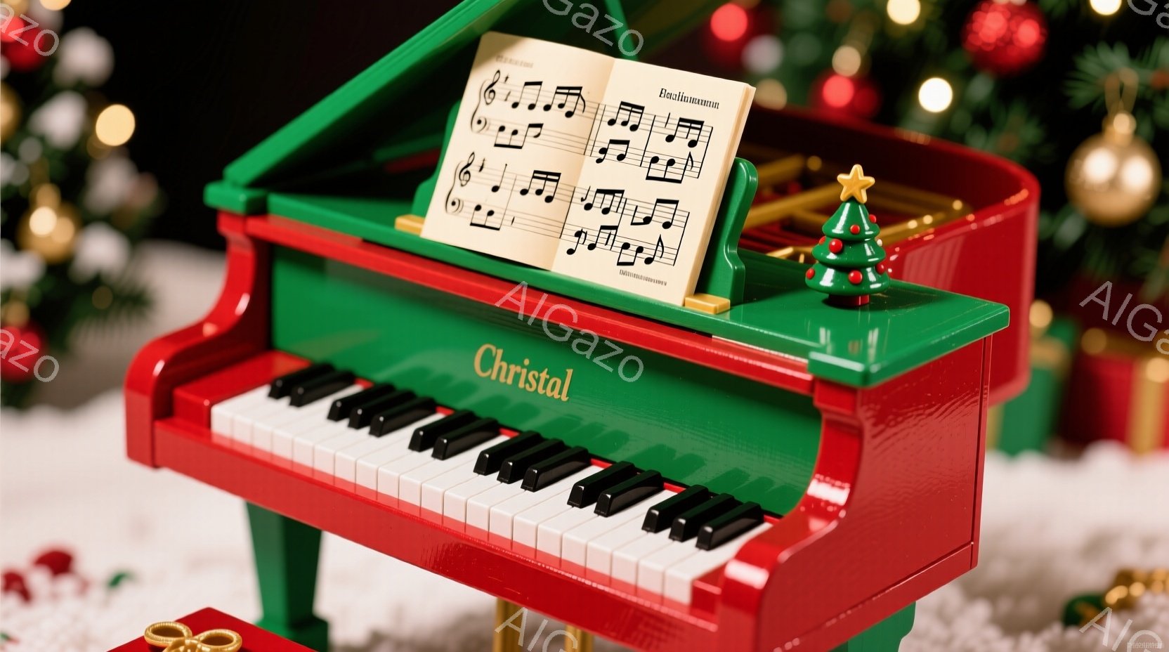 真っ赤なミニピアノがクリスマスツリーの飾りとプレゼントに囲まれて写っています。ピアノの上には楽譜が置かれ、緑色の台座と白い鍵盤が特徴的です。全体的にクリスマスらしい華やかで温かい雰囲気が漂っています。
