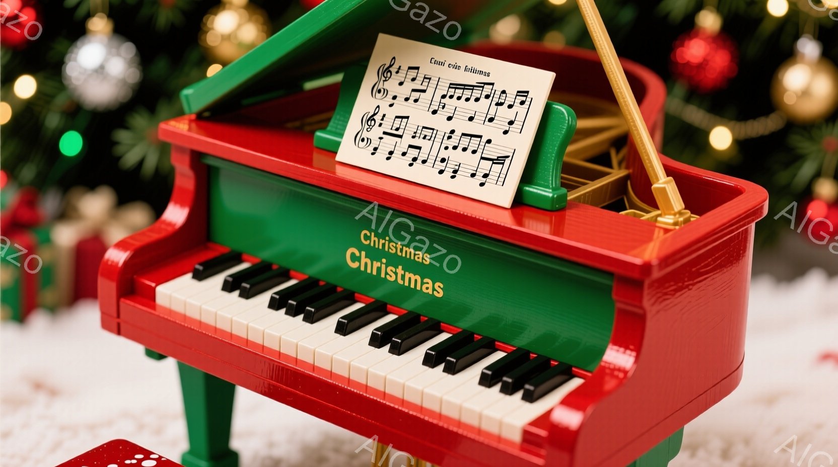 真っ赤なボディに緑色の装飾が施されたミニピアノが写っています。楽譜が立てかけられ、クリスマスツリーの飾りを背景に、華やかで温かい雰囲気を醸し出しています。鍵盤は白と黒が交互に並び、精巧に作られている様子がわかります。