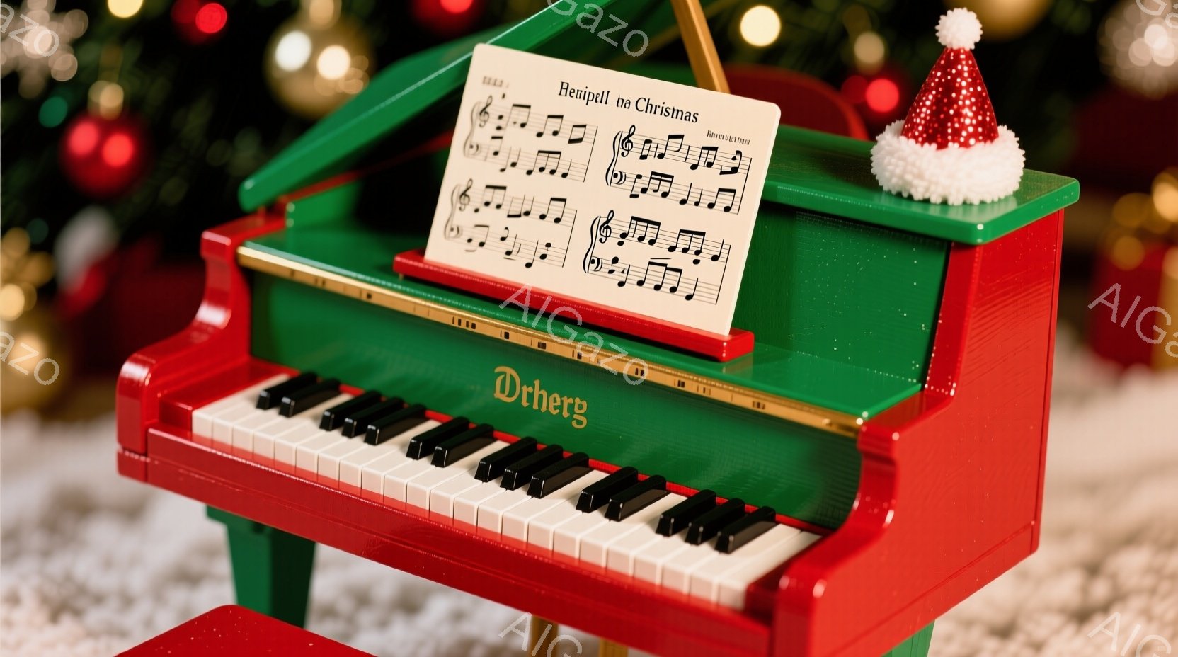 赤いミニピアノがクリスマスの背景を前に置かれています。楽譜スタンドには楽譜が置かれ、ピアノの上には小さなサンタクロースの帽子が飾られています。背景にはぼやけたクリスマスツリーの飾りが見え、全体的に温か - AI生成フリー素材