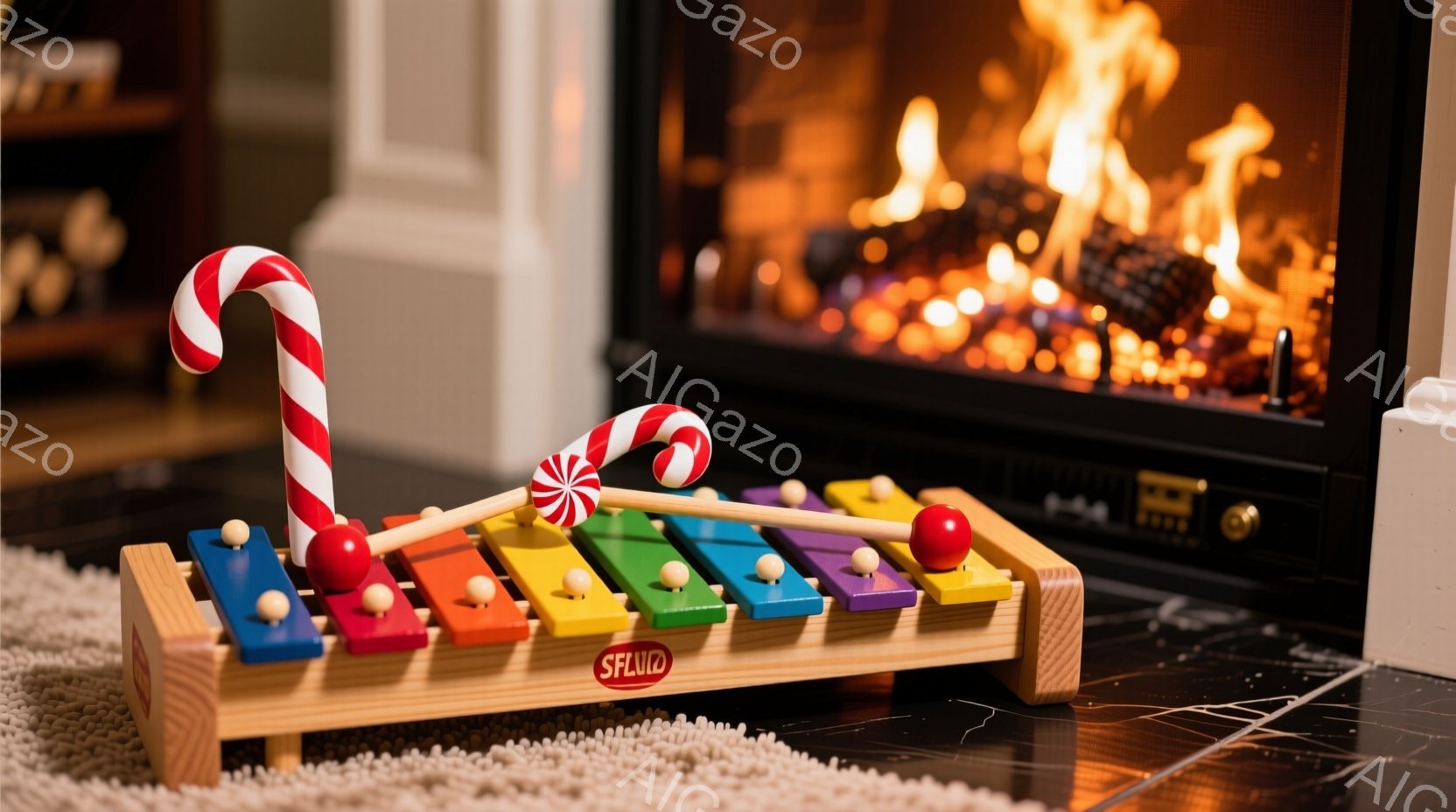 鮮やかな木製の手風琴が、白い毛並みのカーペットの上に置かれており、その横にはキャンディケーンが二本立っている。背景には暖炉があり、炎が燃え盛って温かい雰囲気を醸し出している。全体的に、遊び心があり、冬の暖炉のある居心地の良い空間を表現している。
