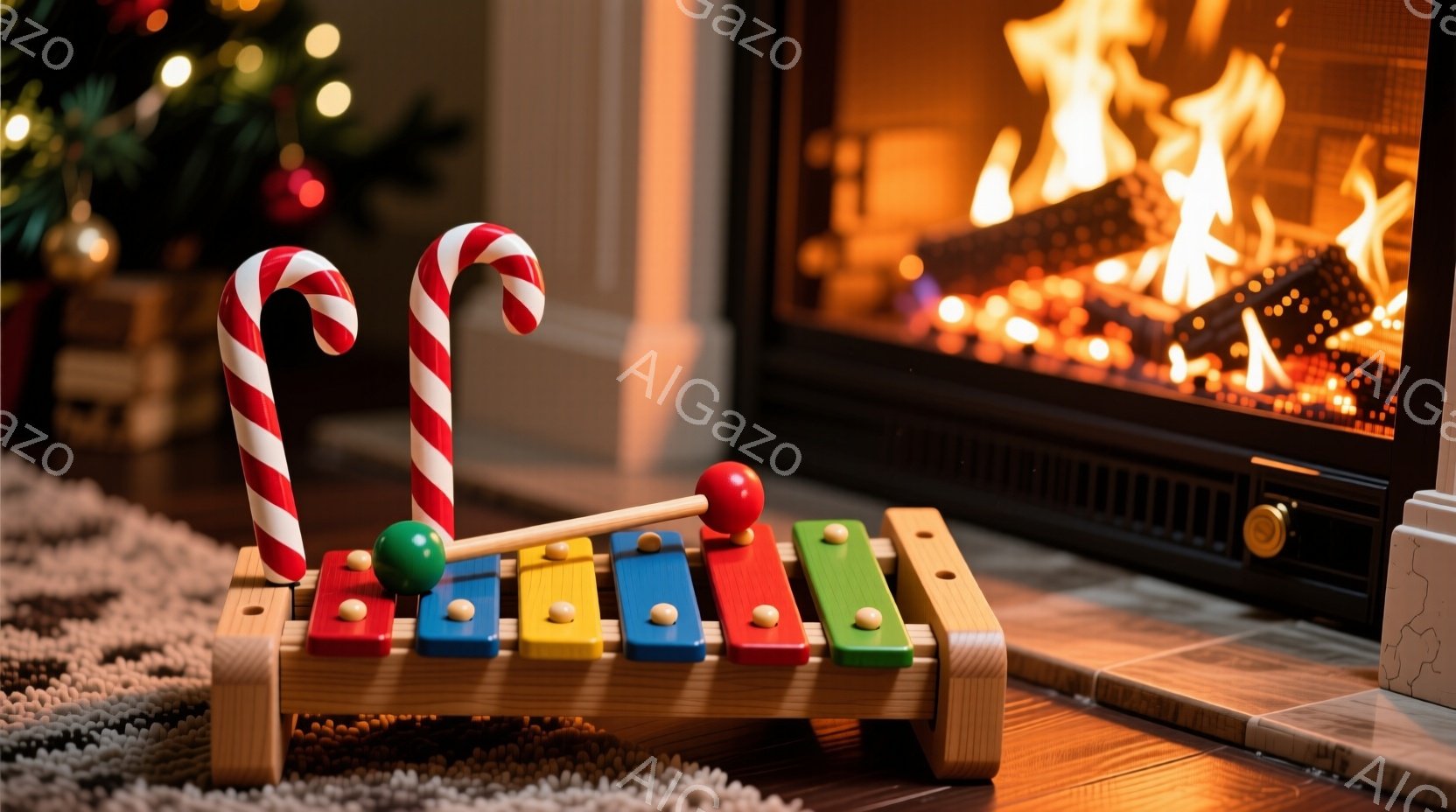 暖炉のそばに、木製のグロッケンシュピールと２本のペパーミントキャンディが置かれています。暖炉の中では炎が燃え盛り、暖かく居心地の良い雰囲気を醸し出しています。背景には、ぼんやりとクリスマスツリーが見え、冬のホリデーシーズンを連想させます。