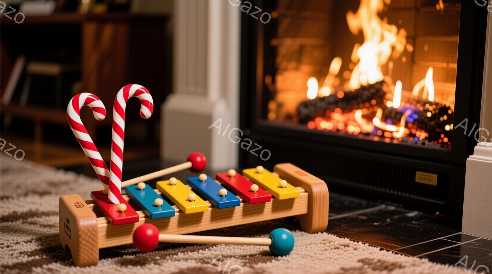 暖炉の火が燃え盛る中、子供用の木製の木琴がベージュ色のカーペットの上に置かれている。赤と白のキャンディケーンが木琴に立てかけられ、カラフルな音板と小さな木製のマレットが配置されている。暖炉の温かい光と、おもちゃの可愛らしさが、心地よい家庭的な雰囲気を醸し出している。