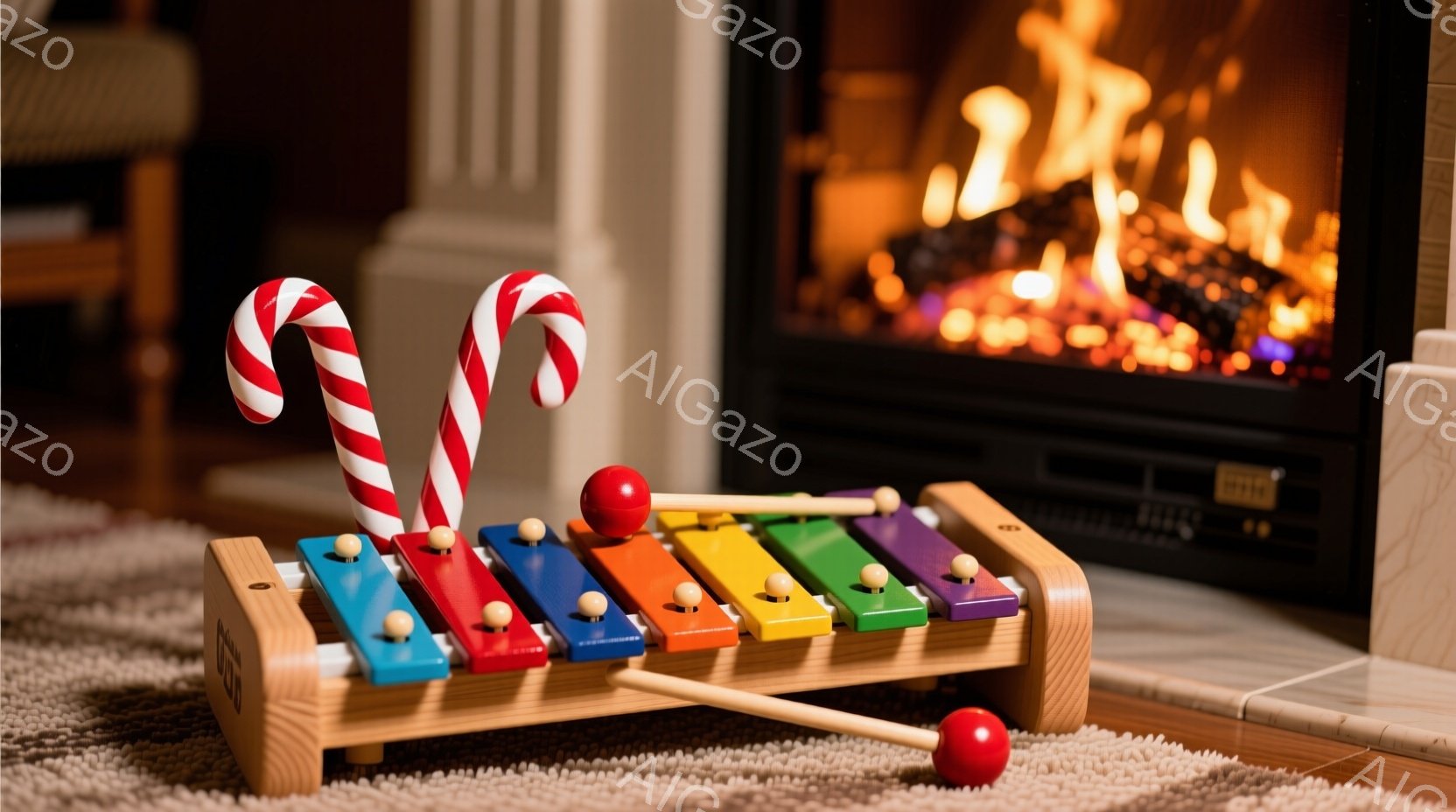 暖炉を背景に、カラフルな木琴と2本のペパーミントキャンディが置かれた写真です。木琴には赤いマレットが添えられており、全体的に温かく、クリスマスの雰囲気を漂わせています。背景の暖炉の炎が、このシーンに暖かさと安らぎをもたらしています。