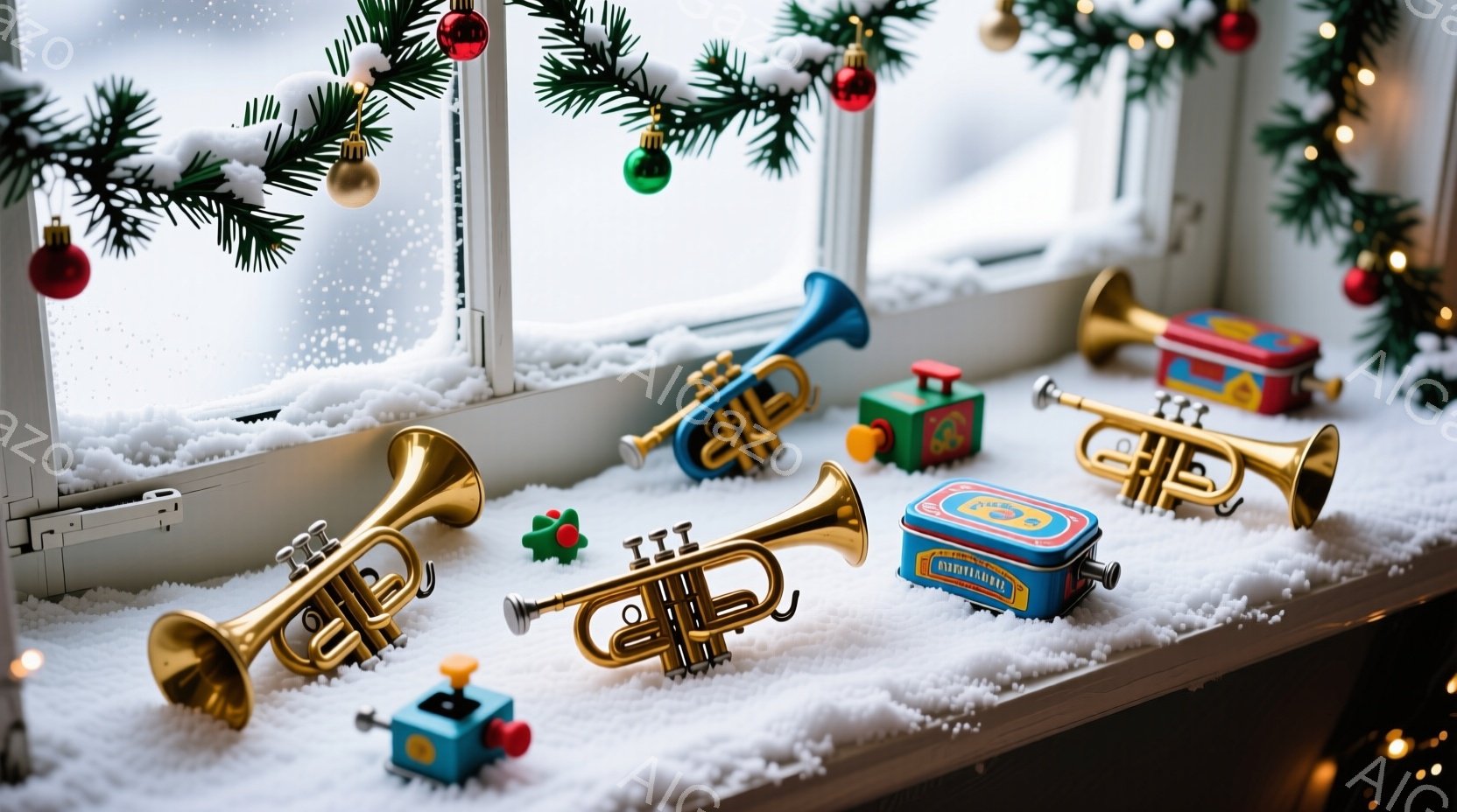 雪が降る窓辺に、おもちゃのトランペットとゼンマイ仕掛けのおもちゃの汽車が並べられています。背景にはクリスマスツリーの飾り付けがぼんやりと見え、全体的に暖かく、お祝いの雰囲気が漂っています。雪景色と玩具の組み合わせが、冬の穏やかな情景を表現しています。